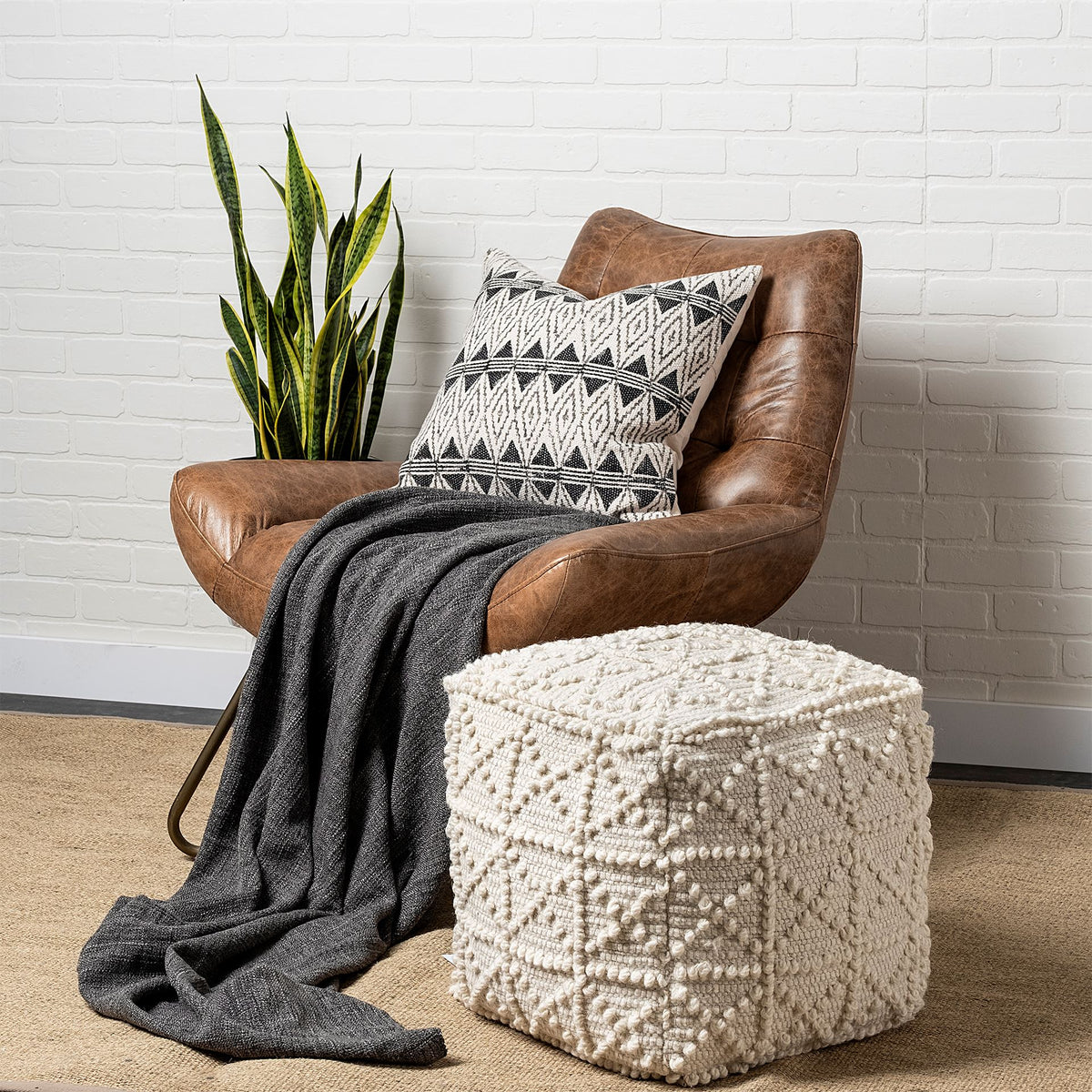 Leroy Square Cream Wool Pouf w/ Popcorn Detail-Poufs-DECOROLALA