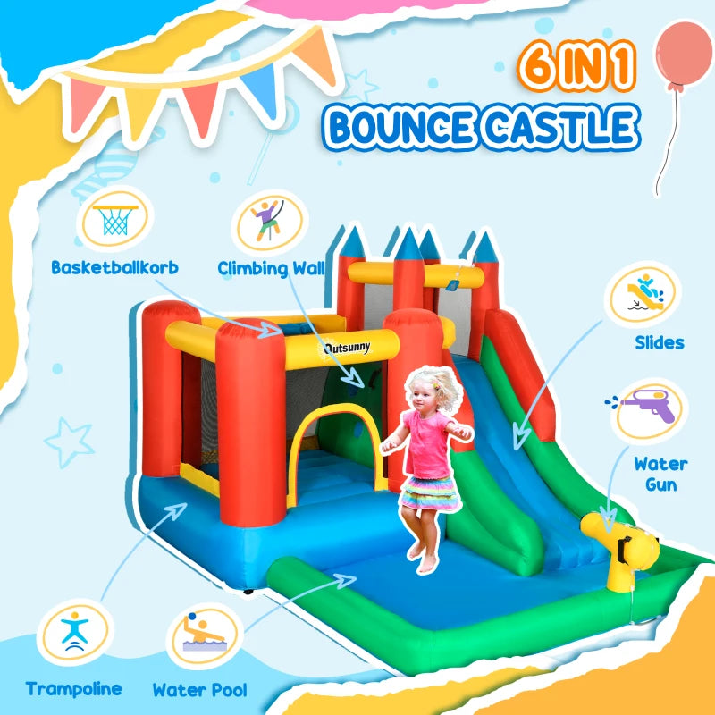 Outsunny 6-in-1 Kids Inflatable Bouncy Castle with Water Slide