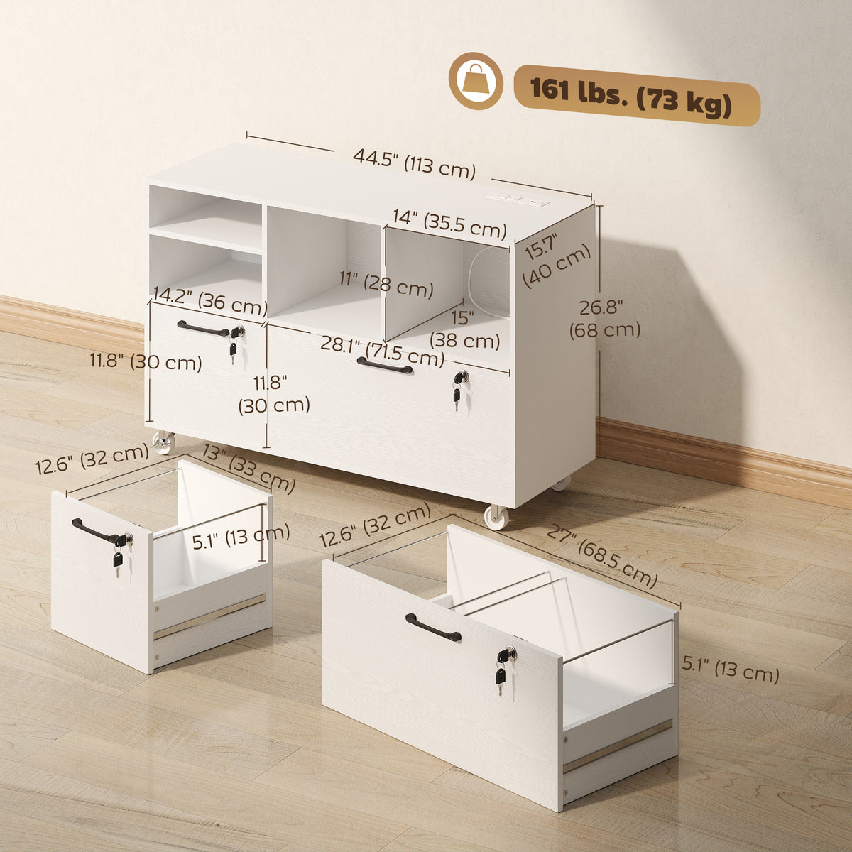 2-Drawer Mobile Lateral File Cabinet with Charging Station - White
