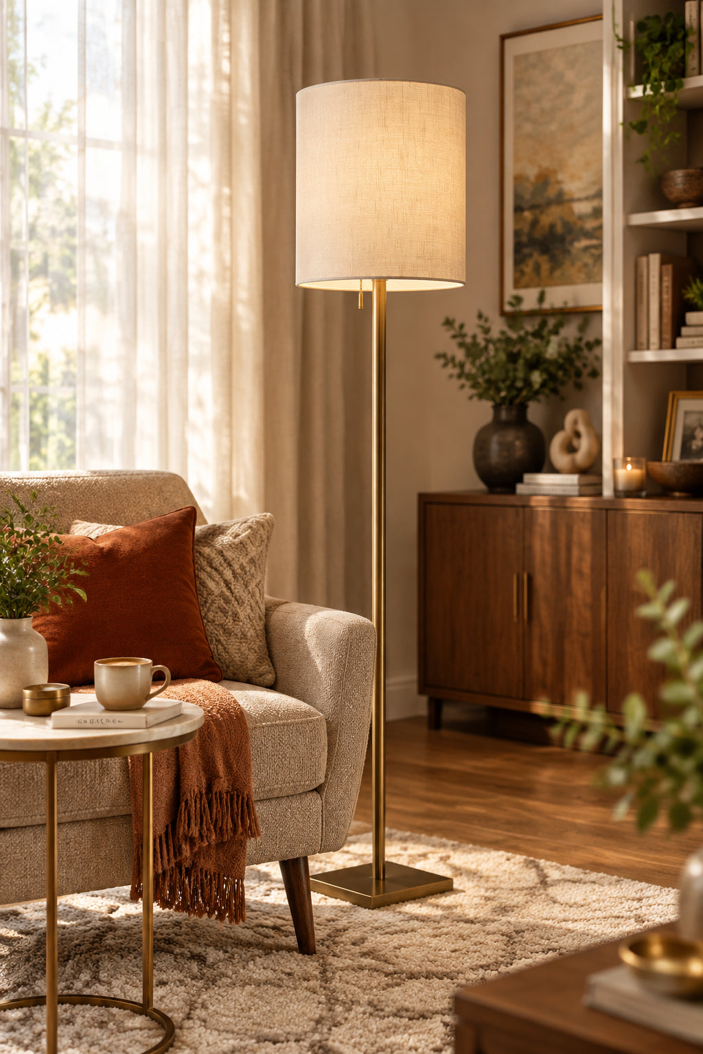 Liam Floor Lamp - Antique Brass Beige-Lighting-DECOROLALA