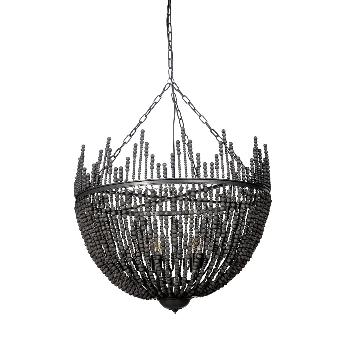 Liam I 32x30 Black Wooden Bead Bowl-Style Four Bulb Chandelier-Chandeliers-DECOROLALA