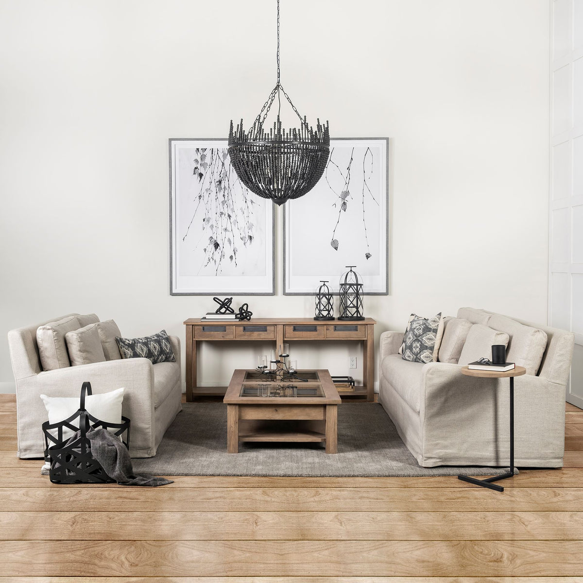 Liam I 32x30 Black Wooden Bead Bowl-Style Four Bulb Chandelier-Chandeliers-DECOROLALA