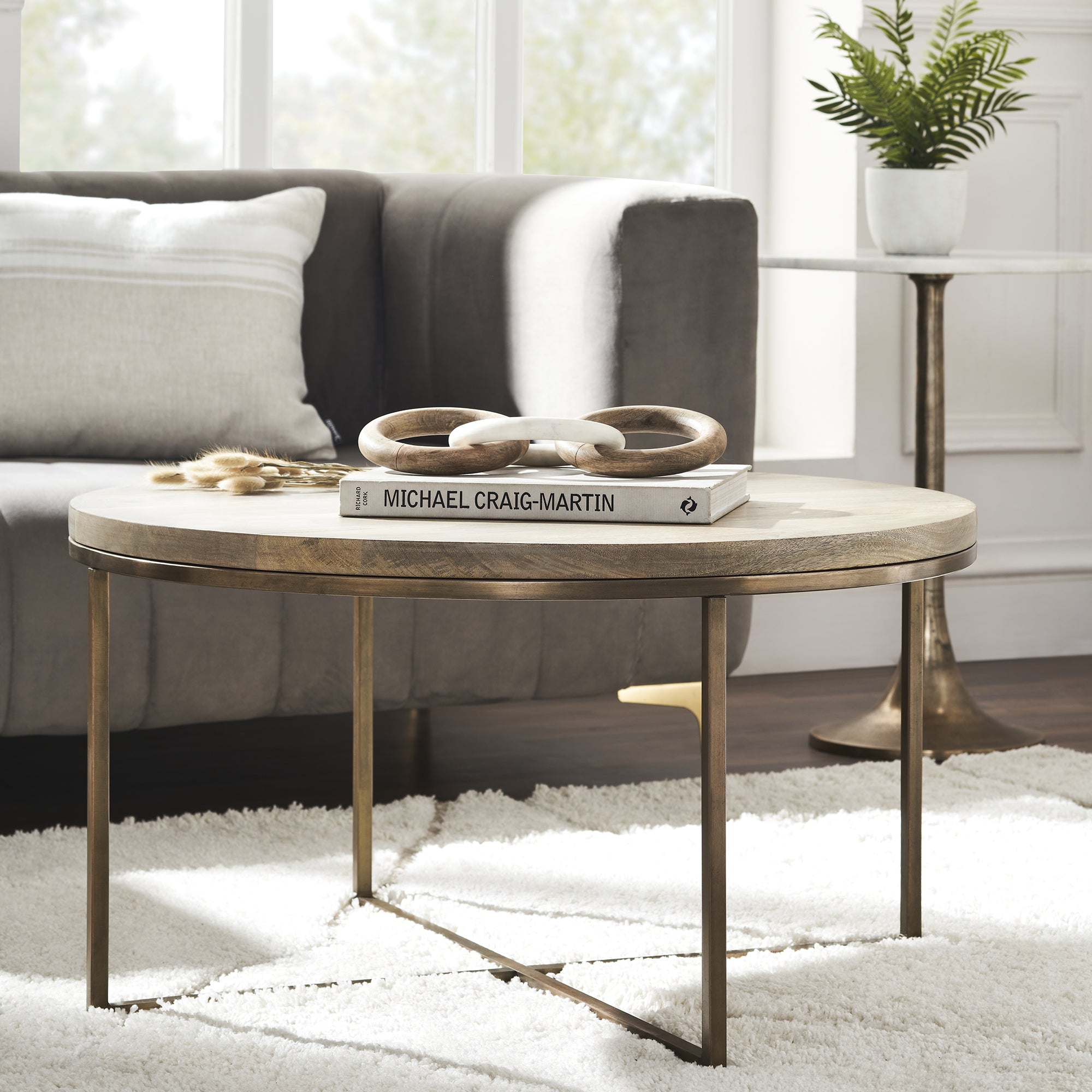 Liana Indoor Mango Wood Table, Antique Brass-Table-DECOROLALA