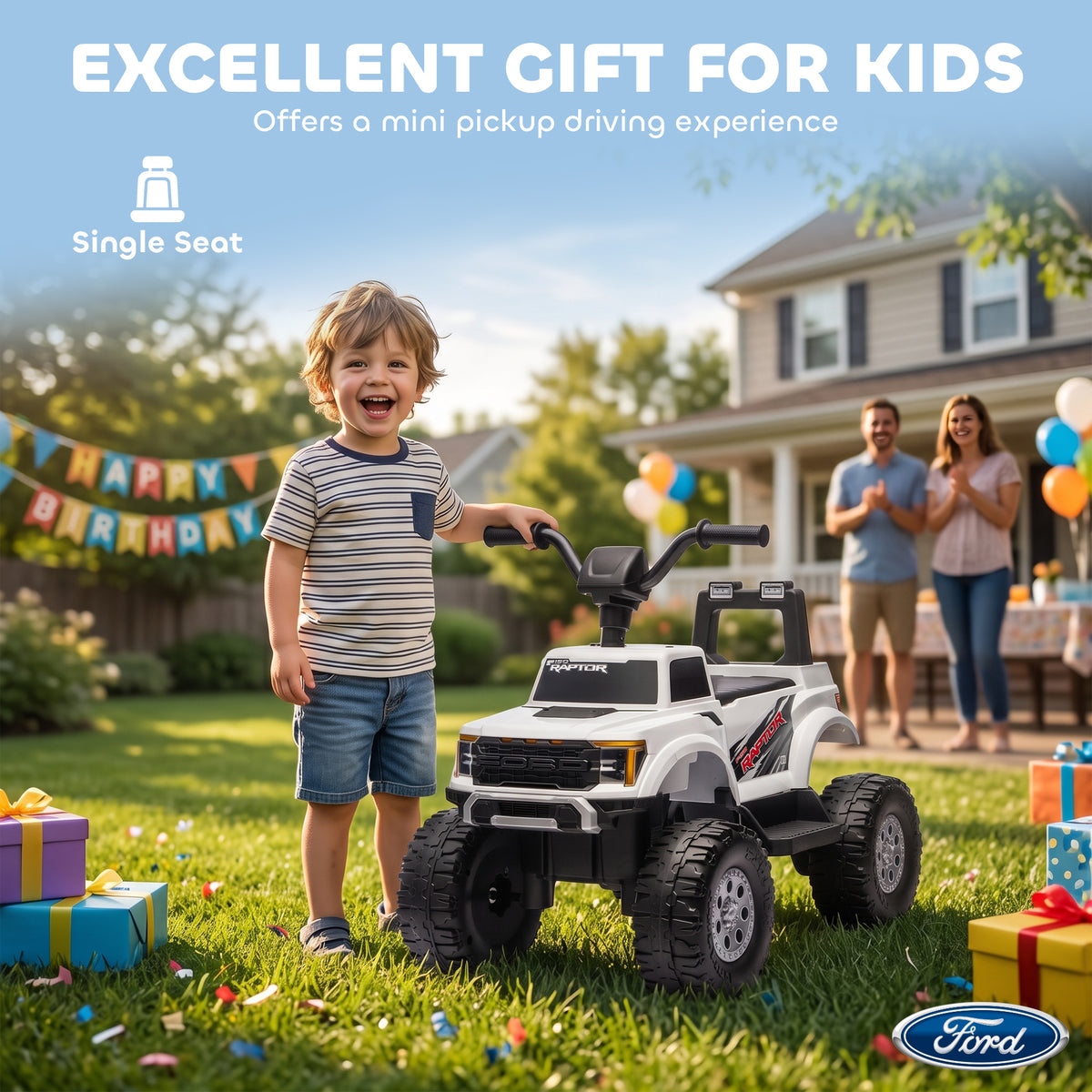 12V Kids Ride on Truck Car, Licensed Ford F-150 Electric Car for Kids with Headlight, Horn, for Ages 2-5, White-Toys & Games > Baby & Toddler Toys > Electric Ride-On Toys > Electric Toy Cars-DECOROLALA