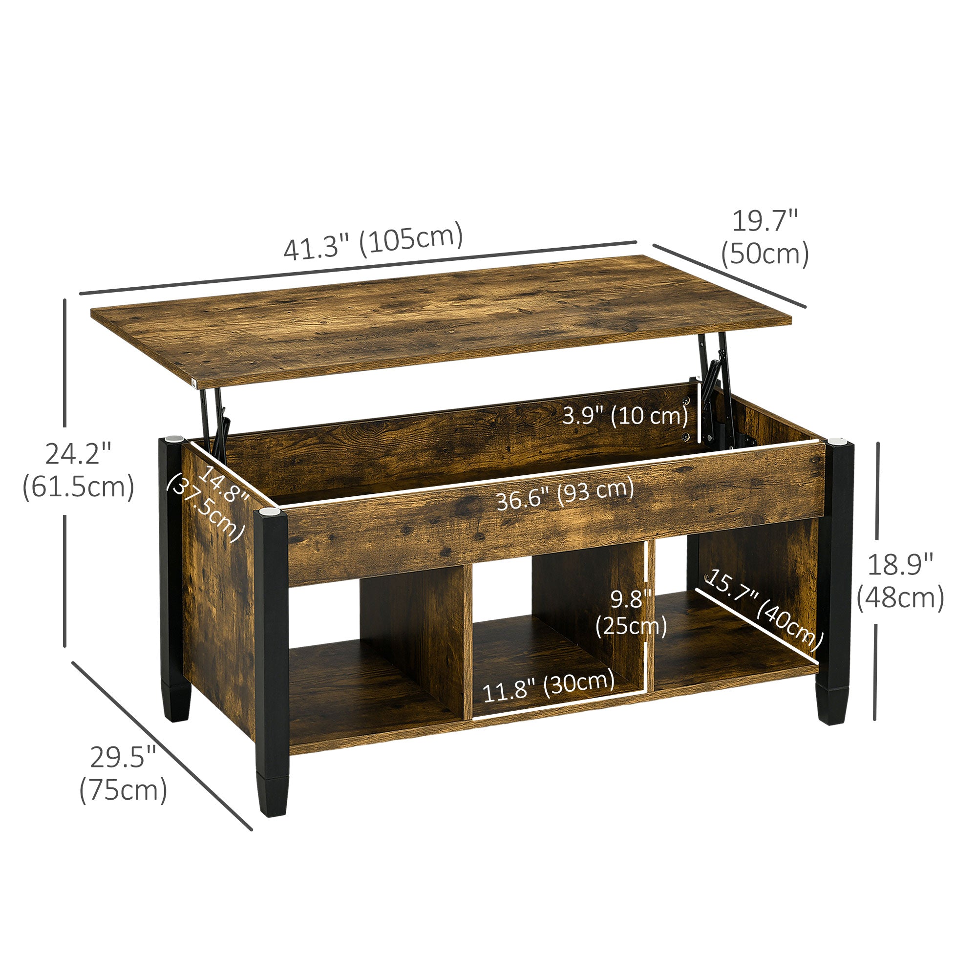 Lift Top Coffee Table - 41" Rustic Brown with Storage-Home Furnishings > Living Room Furniture > Coffee Tables-DECOROLALA