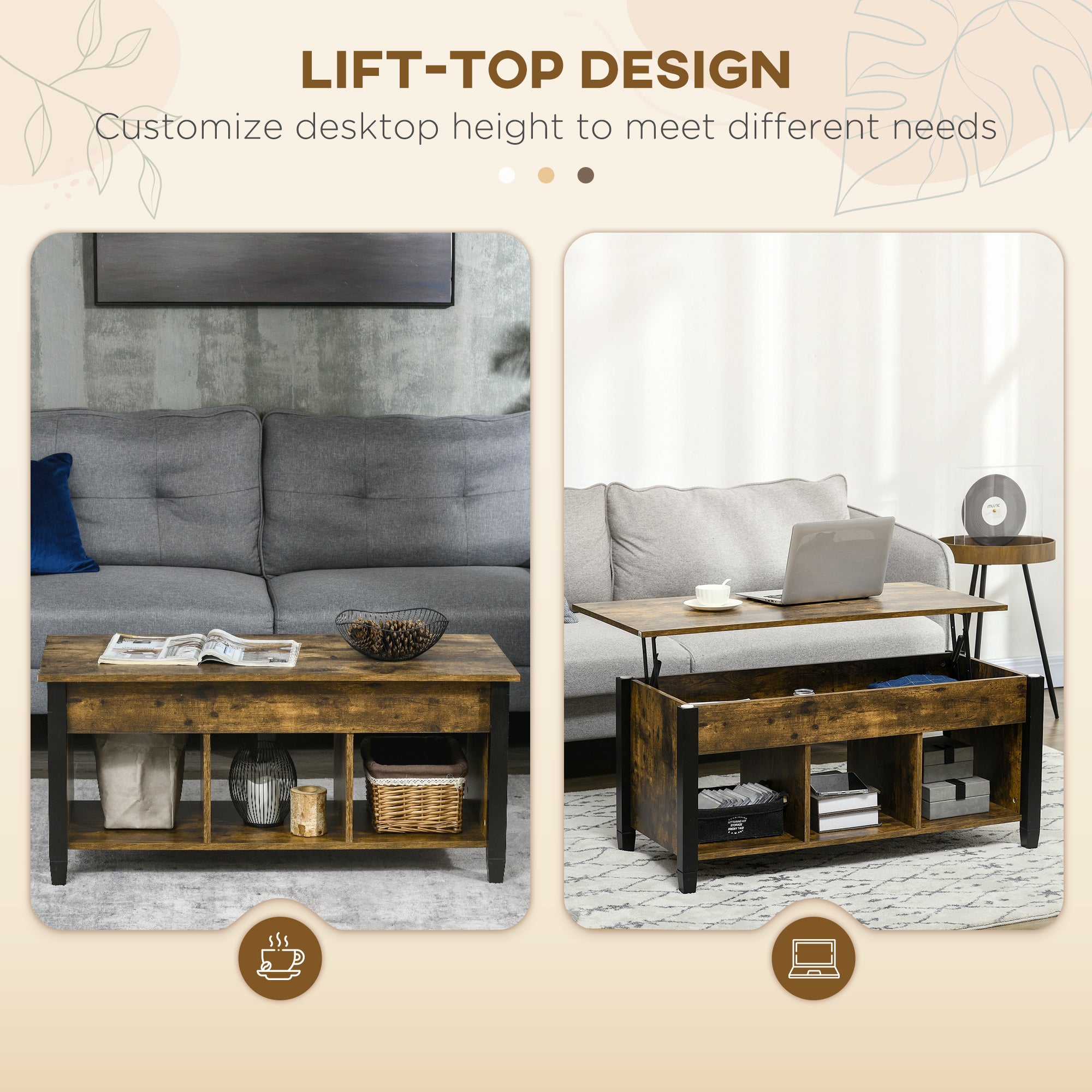 Lift Top Coffee Table - 41" Rustic Brown with Storage-Home Furnishings > Living Room Furniture > Coffee Tables-DECOROLALA