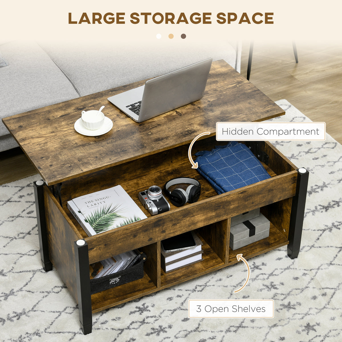 Lift Top Coffee Table - 41" Rustic Brown with Storage-Home Furnishings > Living Room Furniture > Coffee Tables-DECOROLALA