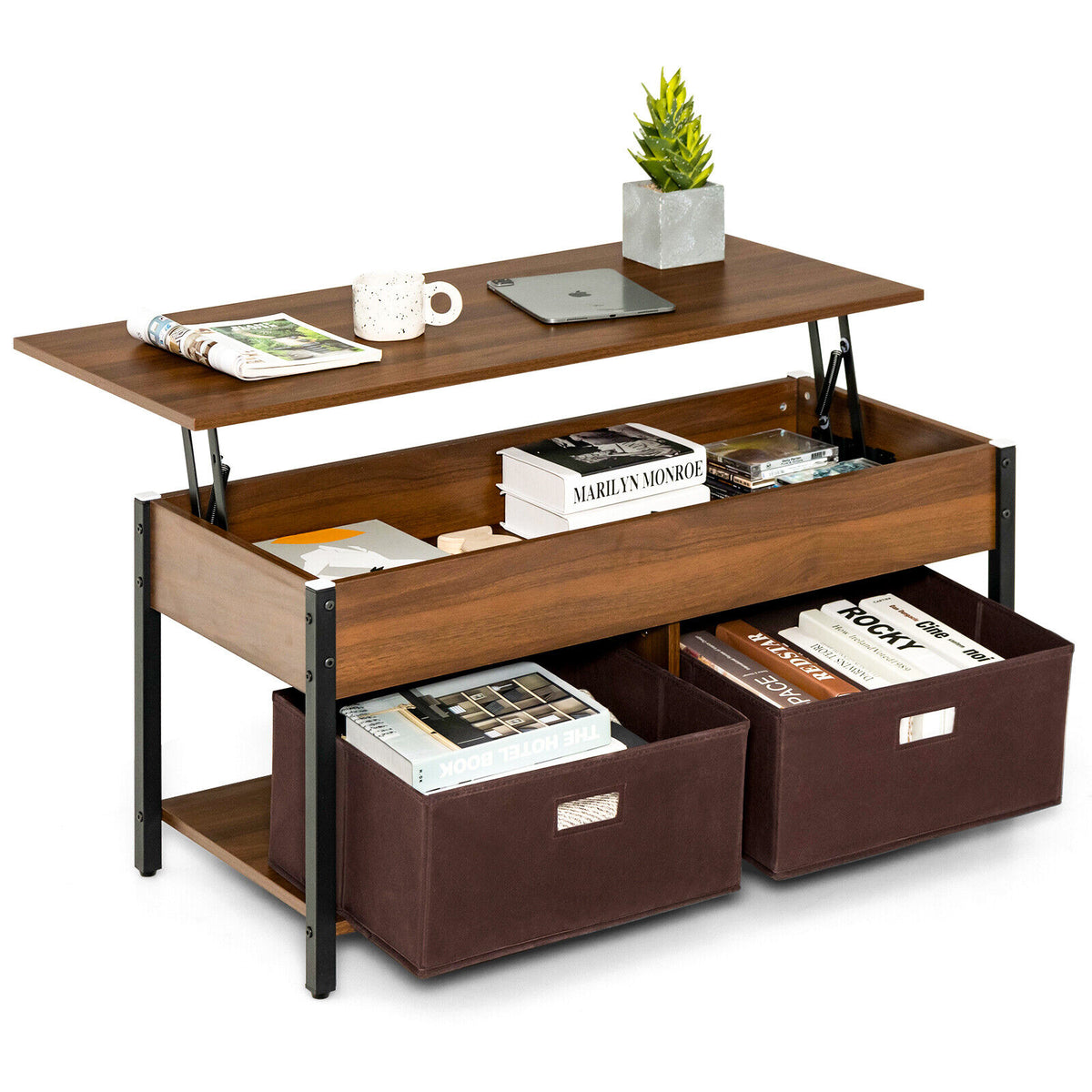 Lift Top Coffee Table Central Table with Drawers and Hidden Compartment for Living Room-Brown-Coffee Tables-DECOROLALA