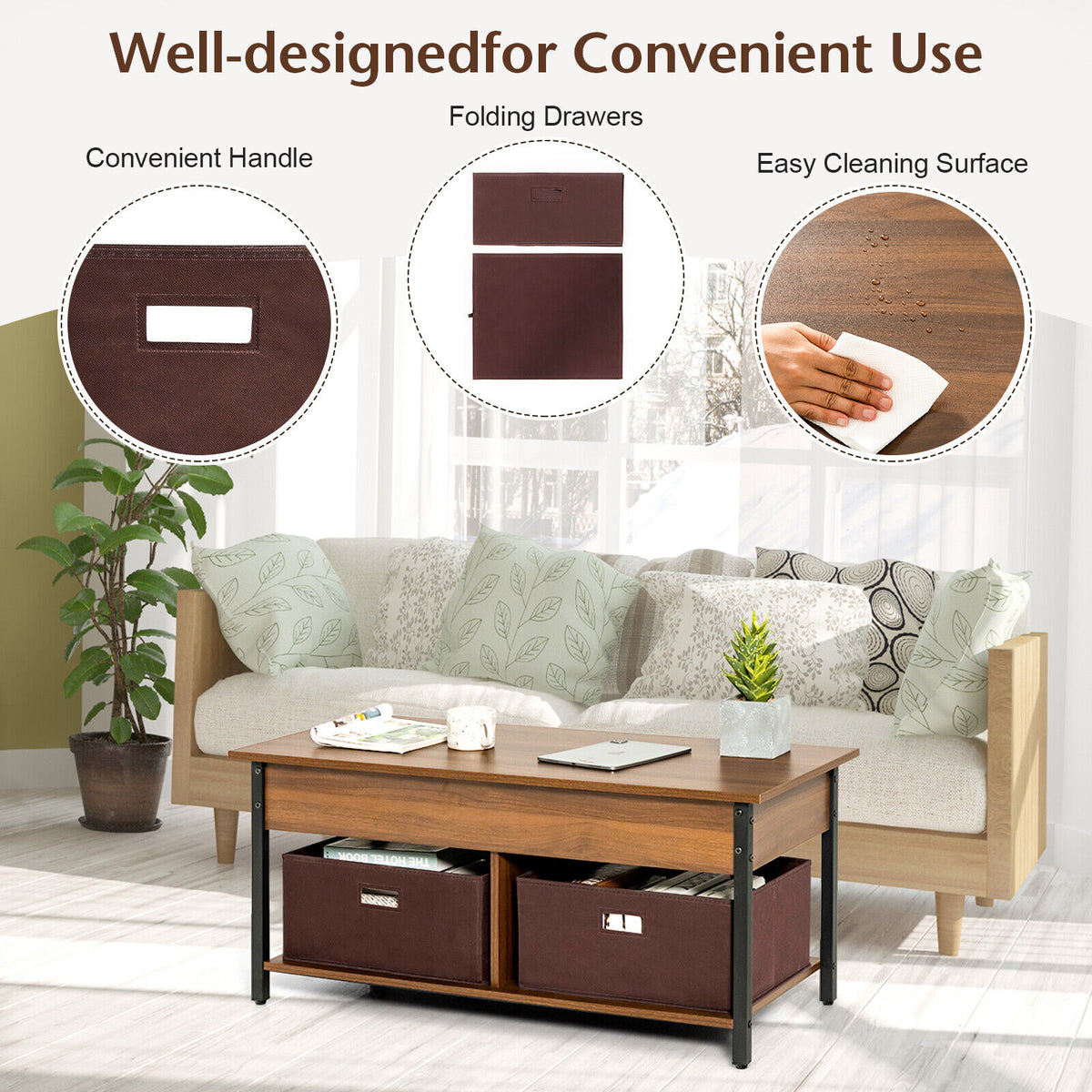 Lift Top Coffee Table Central Table with Drawers and Hidden Compartment for Living Room-Brown-Coffee Tables-DECOROLALA