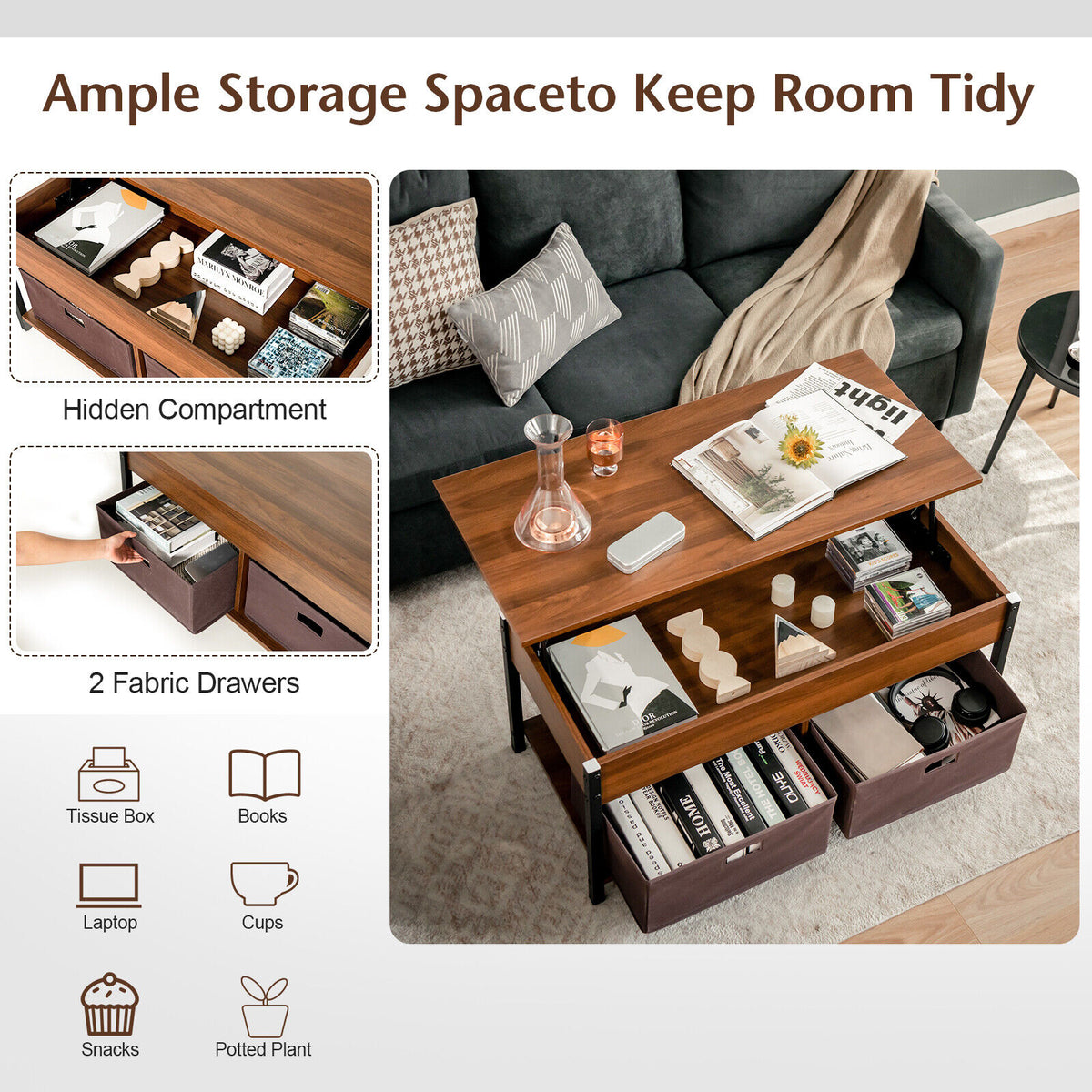 Lift Top Coffee Table Central Table with Drawers and Hidden Compartment for Living Room-Brown-Coffee Tables-DECOROLALA