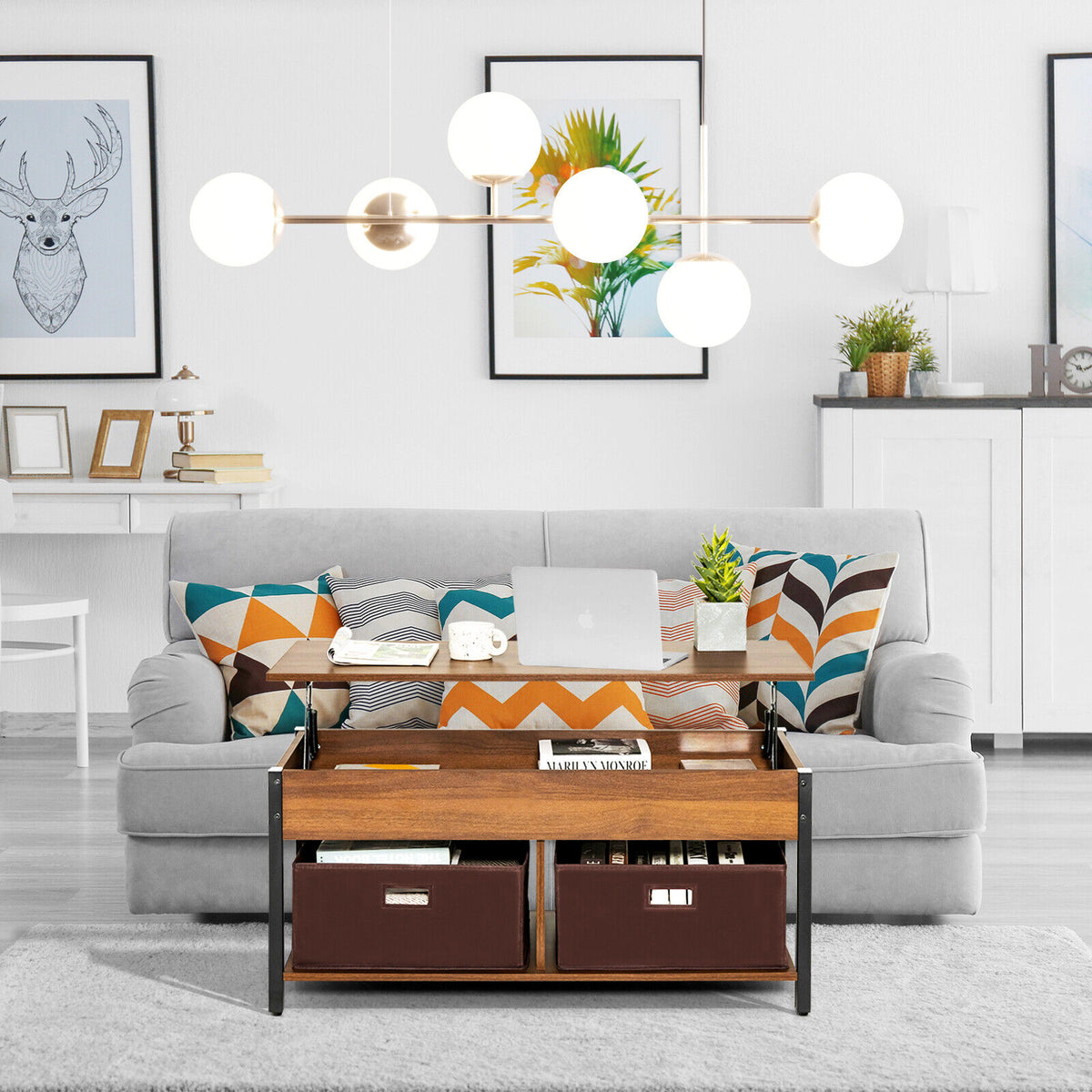 Lift Top Coffee Table Central Table with Drawers and Hidden Compartment for Living Room-Brown-Coffee Tables-DECOROLALA