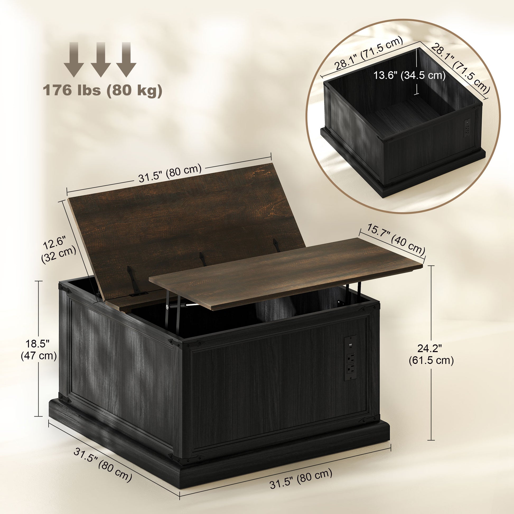 Lift Top Coffee Table, Charging Station, Hidden Storage, Square Black Wood Grain-DECOROLALA