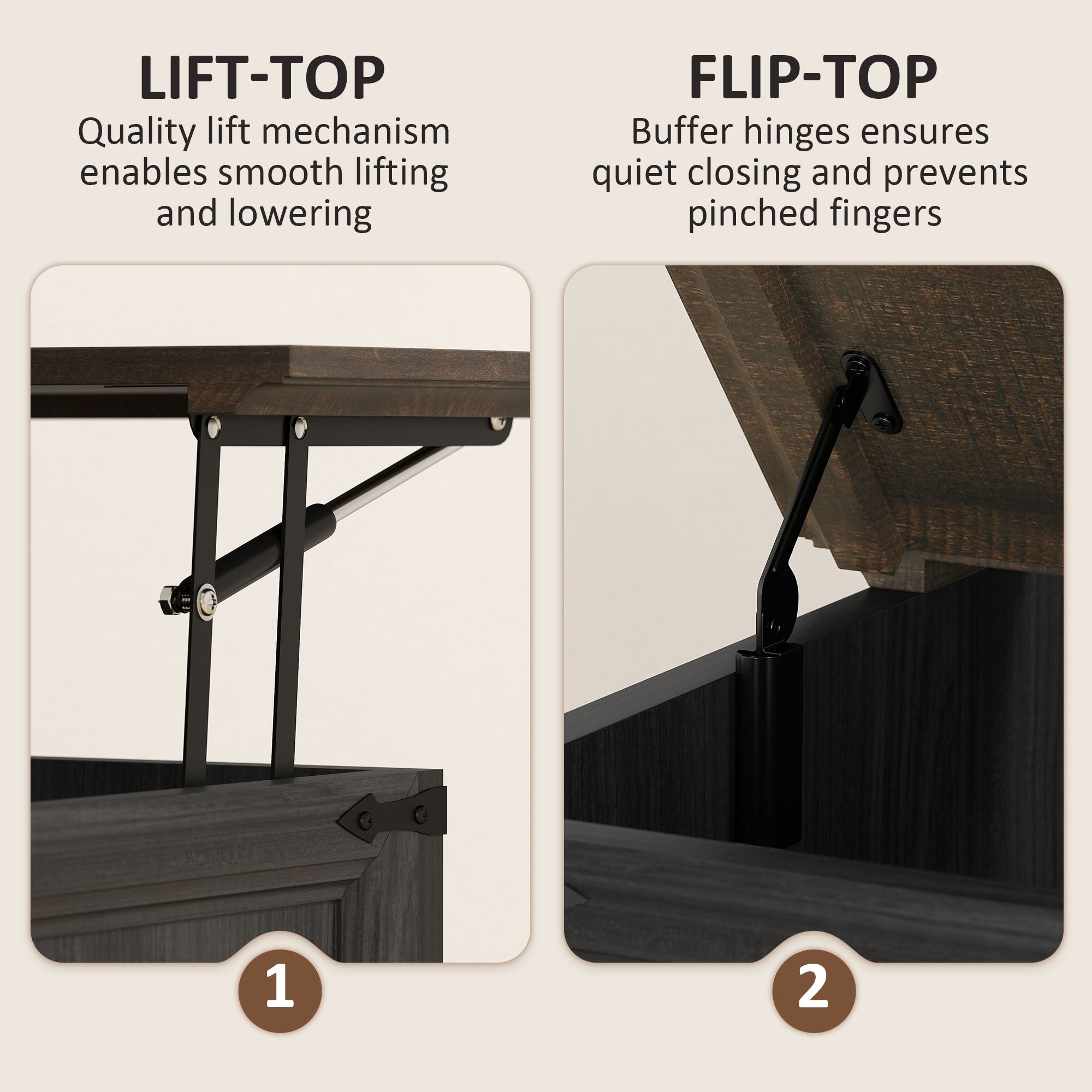 Lift Top Coffee Table, Charging Station, Hidden Storage, Square Black Wood Grain-DECOROLALA