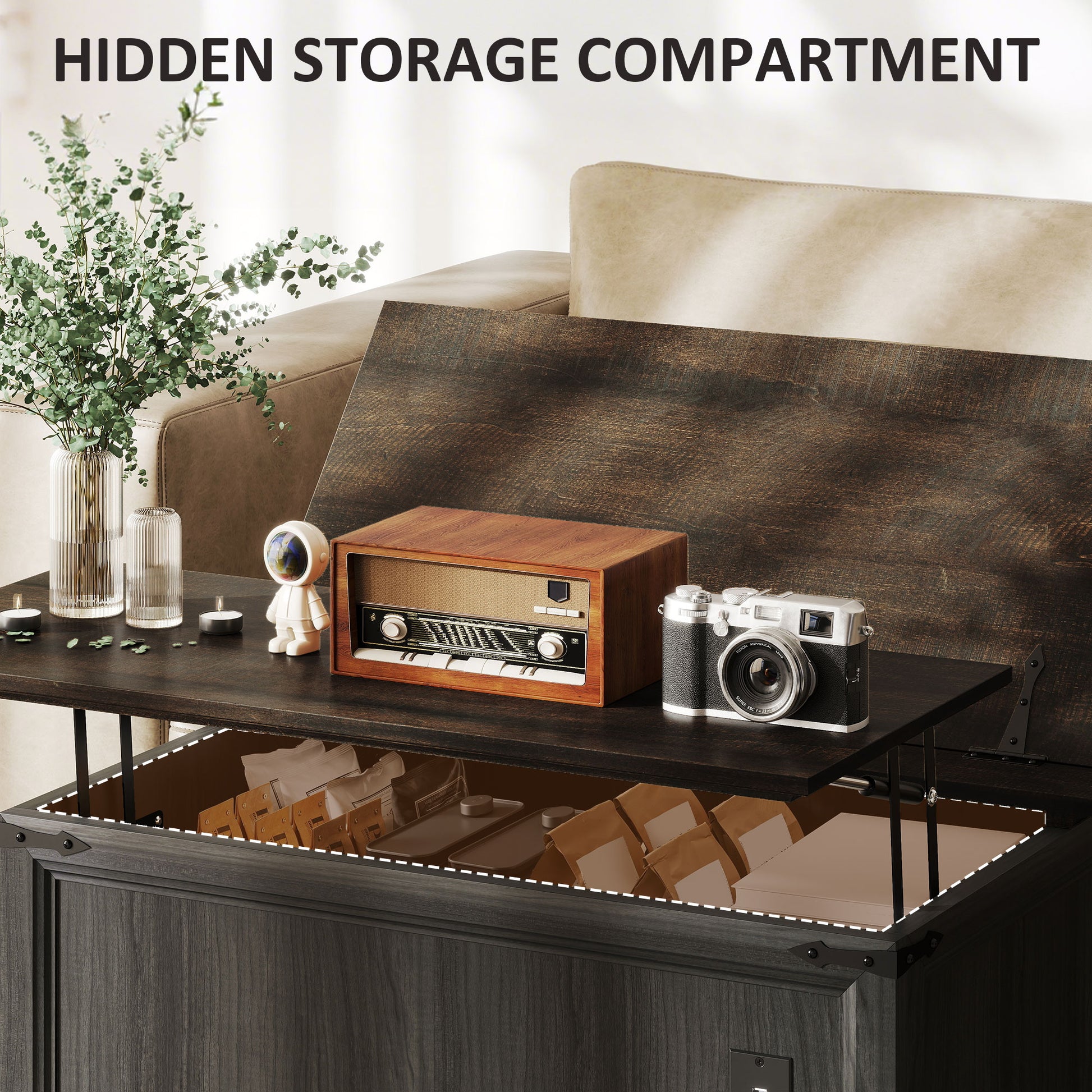 Lift Top Coffee Table, Charging Station, Hidden Storage, Square Black Wood Grain-DECOROLALA