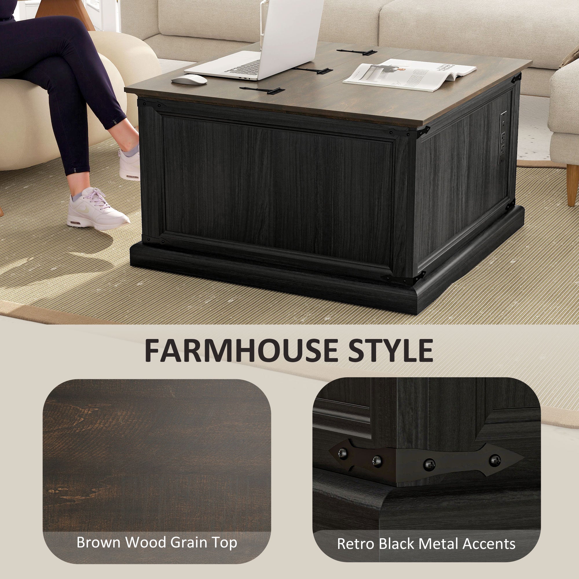 Lift Top Coffee Table, Charging Station, Hidden Storage, Square Black Wood Grain-DECOROLALA