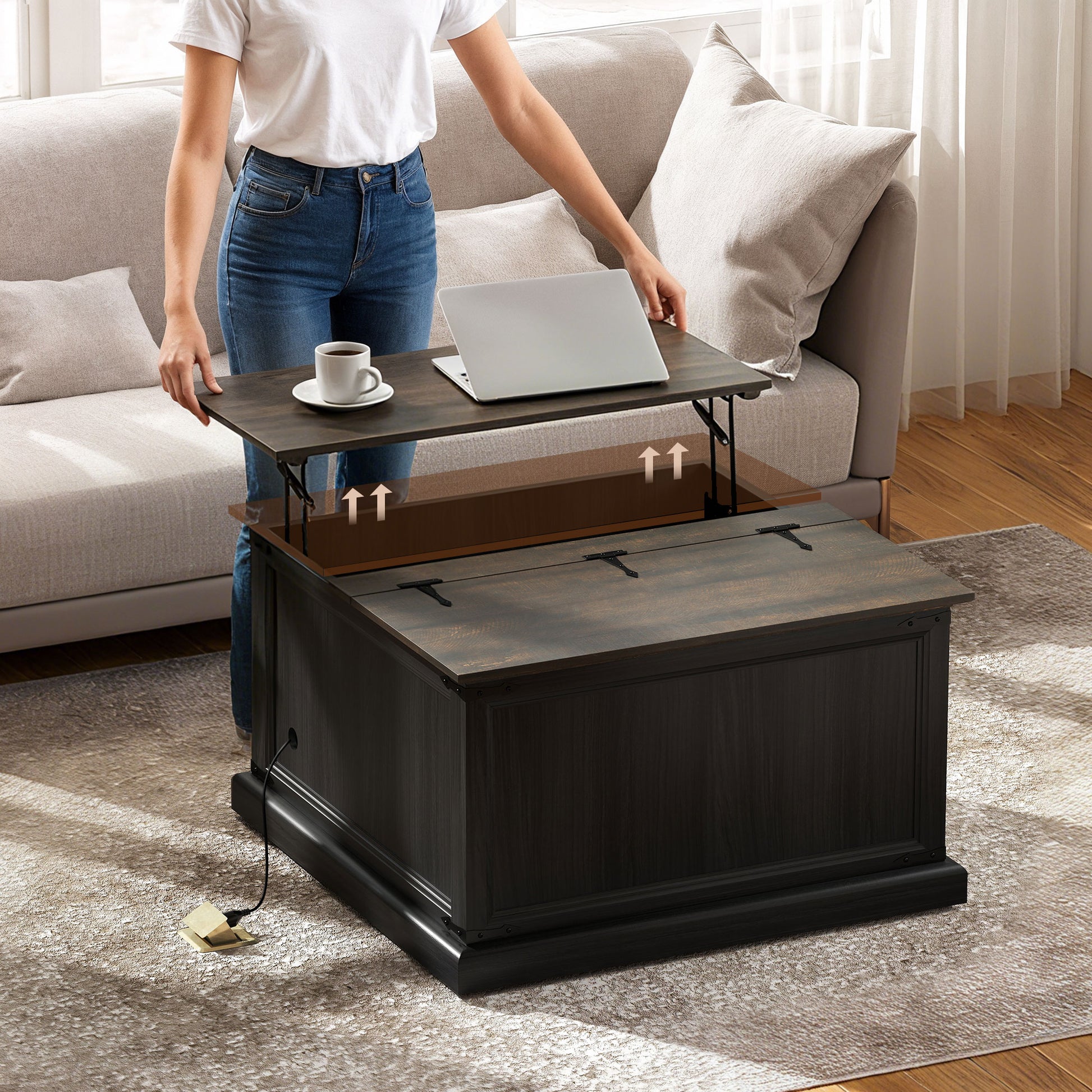 Lift Top Coffee Table, Charging Station, Hidden Storage, Square Black Wood Grain-DECOROLALA