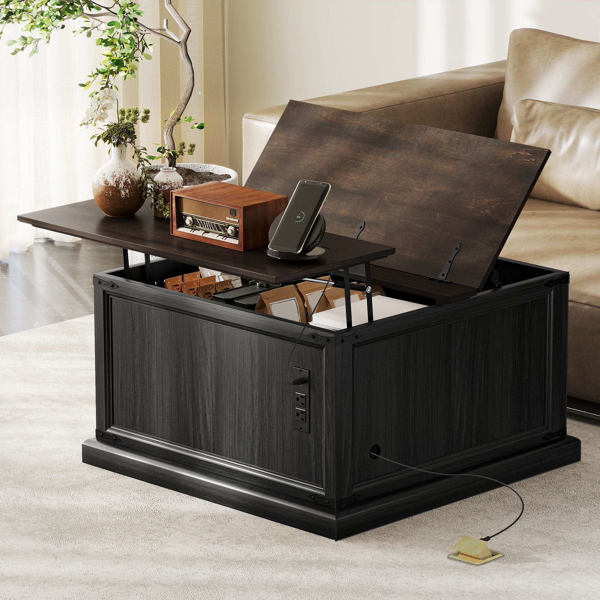 Lift Top Coffee Table, Charging Station, Hidden Storage, Square Black Wood Grain-DECOROLALA
