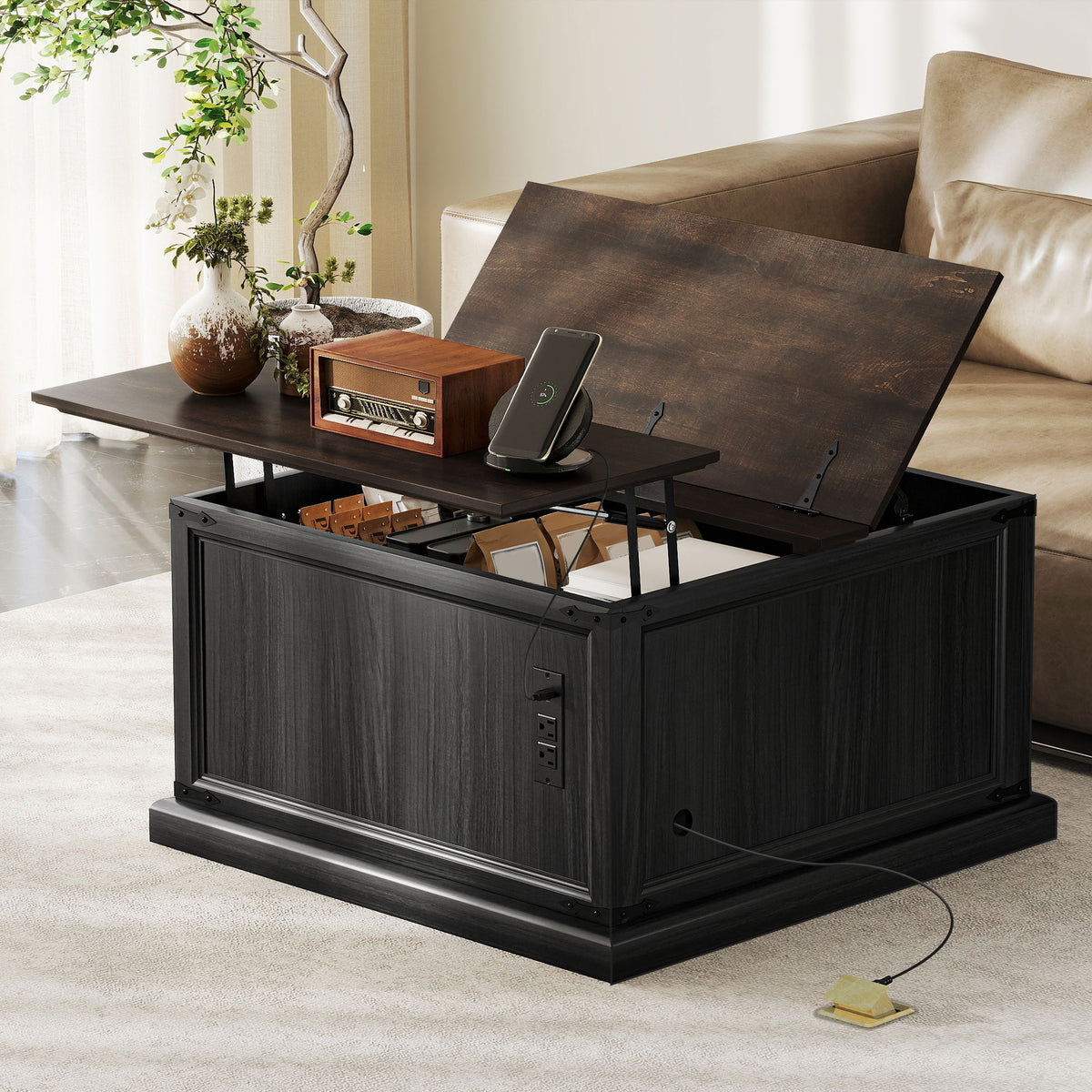 Lift Top Coffee Table, Charging Station, Hidden Storage, Square Black Wood Grain-DECOROLALA