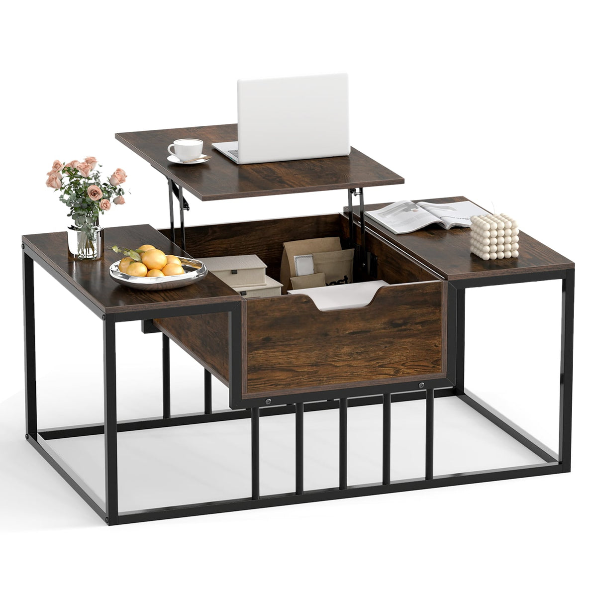 Lift Top Coffee Table Modern Center Table with Hidden Storage Compartment-Rusitc Brown-Coffee Tables-DECOROLALA