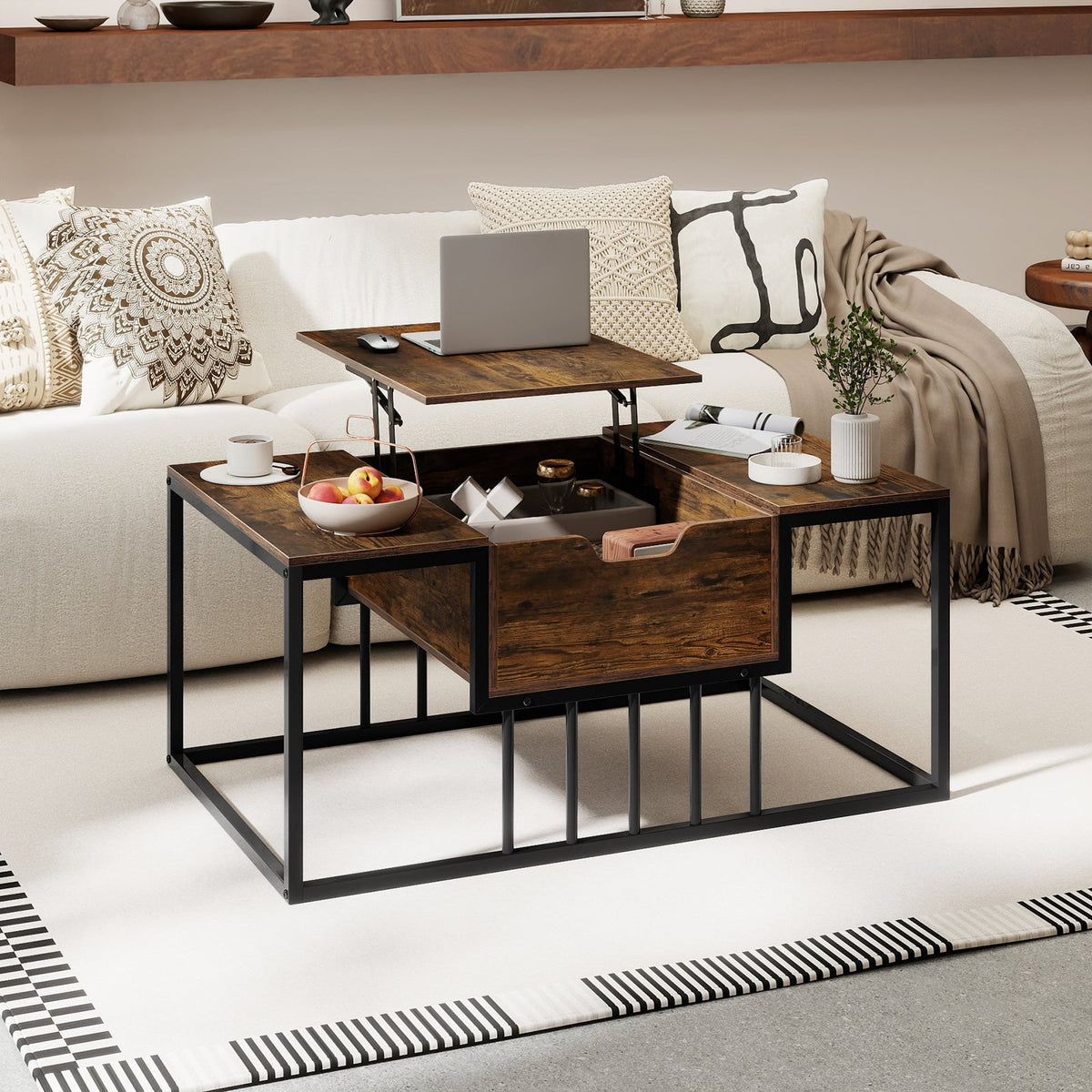 Lift Top Coffee Table Modern Center Table with Hidden Storage Compartment-Rusitc Brown-Coffee Tables-DECOROLALA