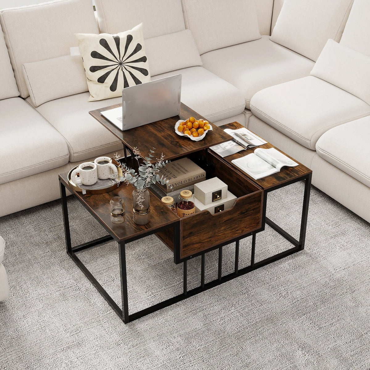 Lift Top Coffee Table Modern Center Table with Hidden Storage Compartment-Rusitc Brown-Coffee Tables-DECOROLALA