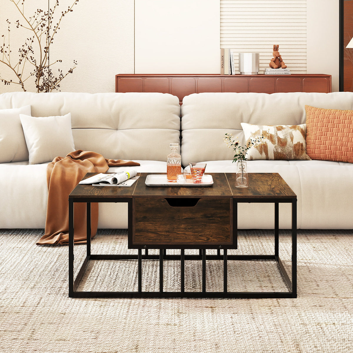 Lift Top Coffee Table Modern Center Table with Hidden Storage Compartment-Rusitc Brown-Coffee Tables-DECOROLALA