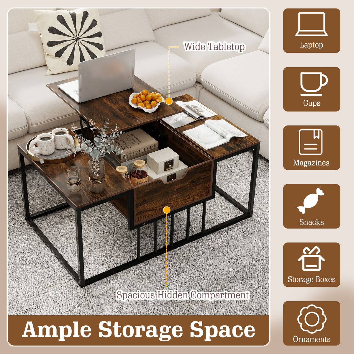 Lift Top Coffee Table Modern Center Table with Hidden Storage Compartment-Rusitc Brown-Coffee Tables-DECOROLALA