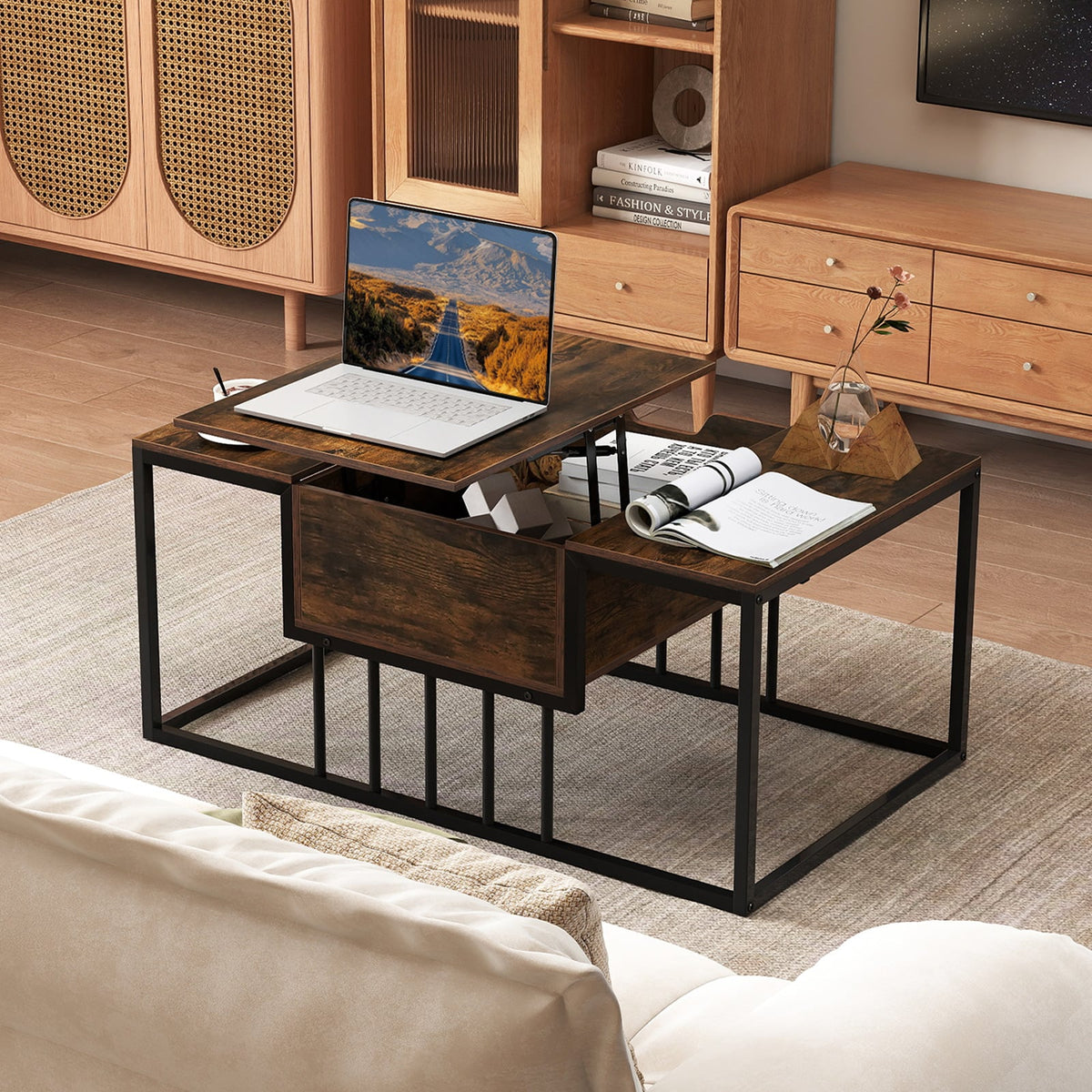 Lift Top Coffee Table Modern Center Table with Hidden Storage Compartment-Rusitc Brown-Coffee Tables-DECOROLALA