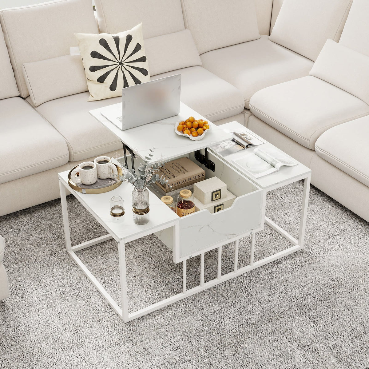 Lift Top Coffee Table Modern Center Table with Hidden Storage Compartment-White-Coffee Tables-DECOROLALA