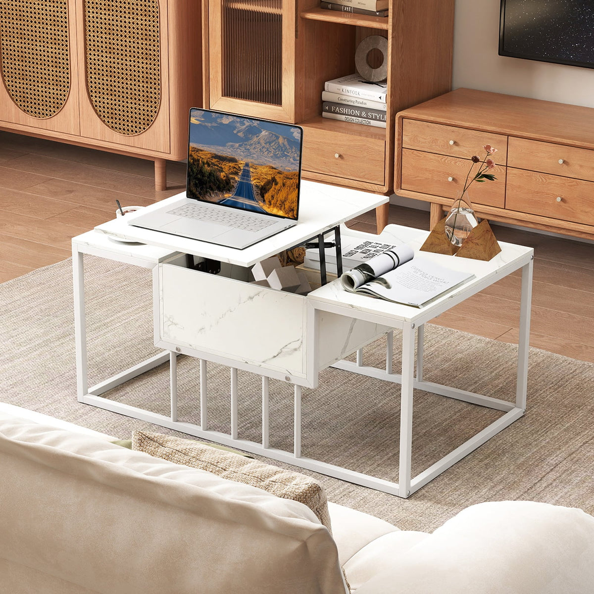 Lift Top Coffee Table Modern Center Table with Hidden Storage Compartment-White-Coffee Tables-DECOROLALA