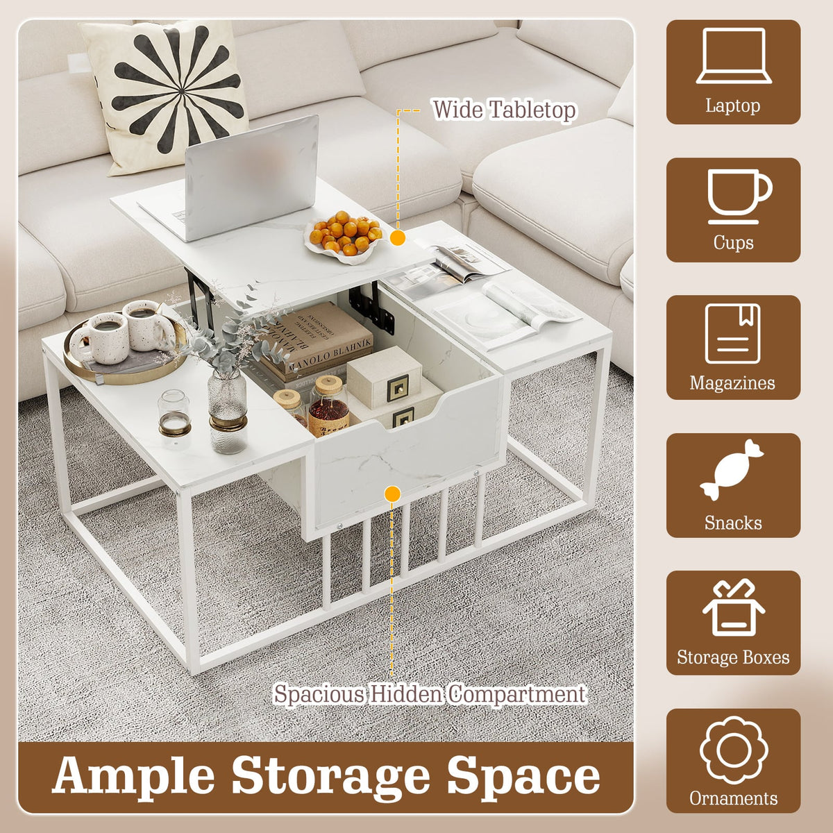 Lift Top Coffee Table Modern Center Table with Hidden Storage Compartment-White-Coffee Tables-DECOROLALA