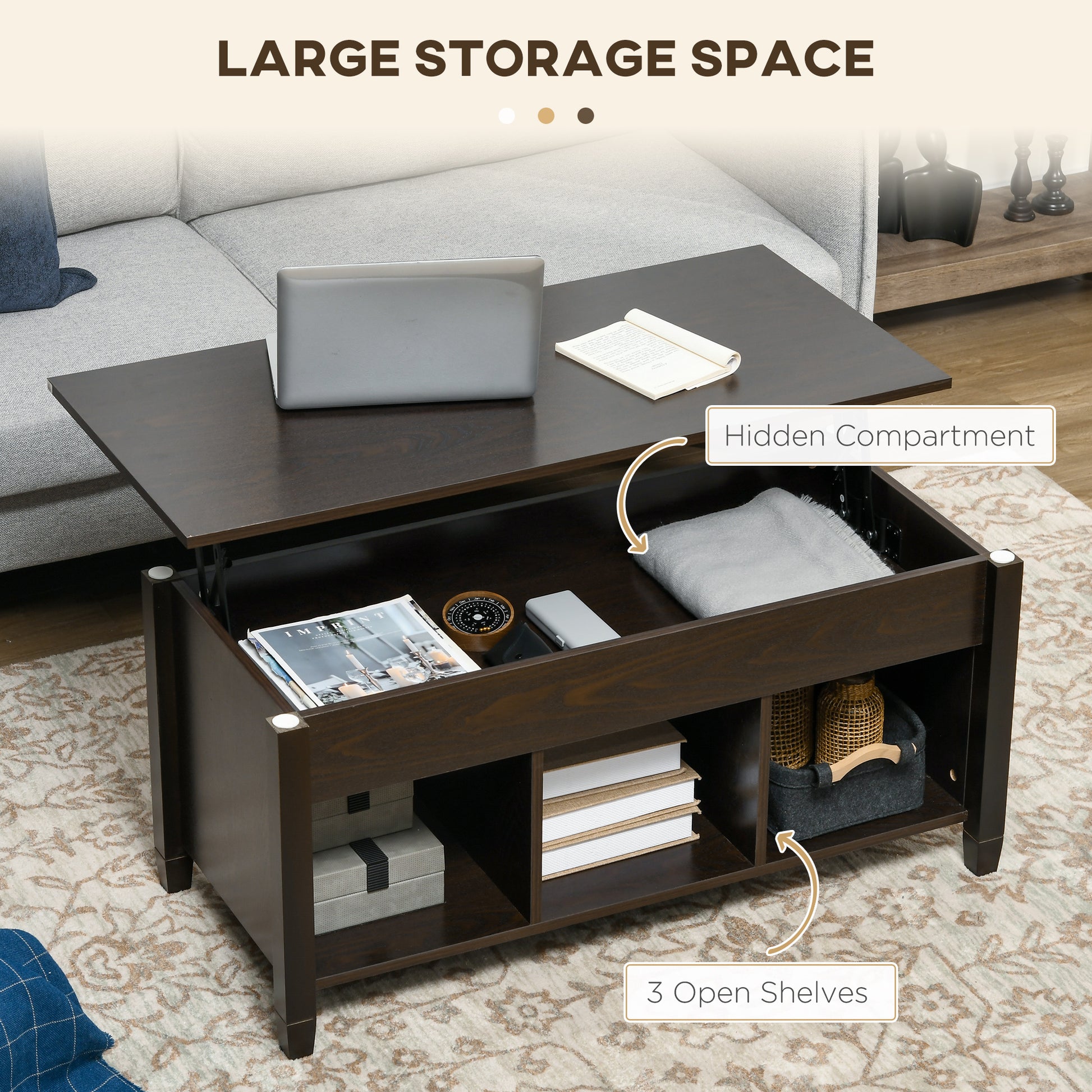 Lift Top Coffee Table, Modern Center Table with Storage Shelves and Hidden Compartment for Living Room, 41" L, Espresso-Home Furnishings > Living Room Furniture > Coffee Tables-DECOROLALA