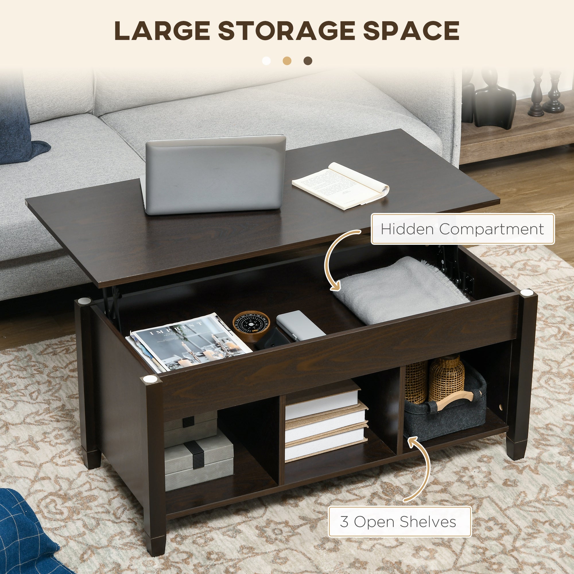 Lift Top Coffee Table, Modern Center Table with Storage Shelves and Hidden Compartment for Living Room, 41" L, Espresso-Home Furnishings > Living Room Furniture > Coffee Tables-DECOROLALA