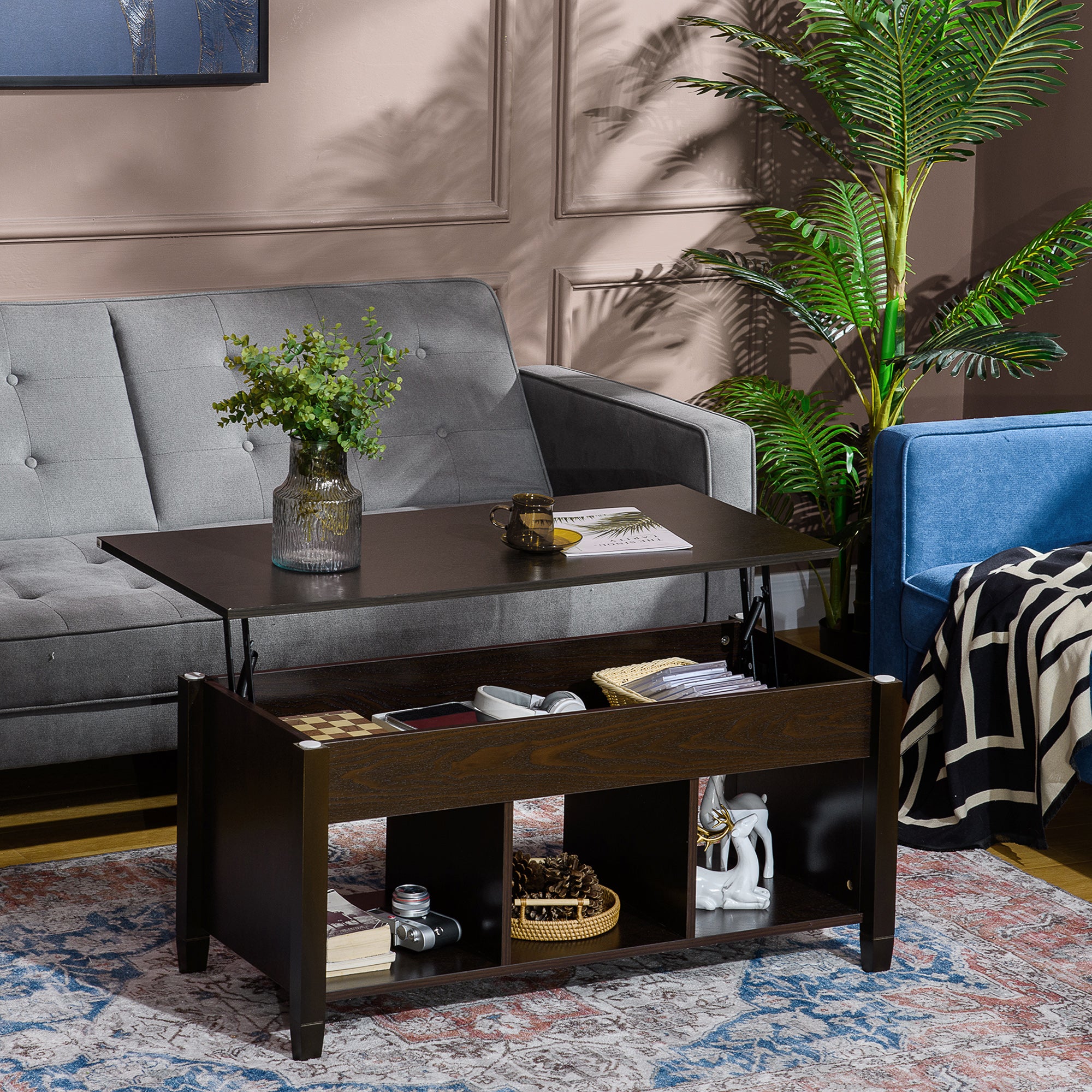 Lift Top Coffee Table, Modern Center Table with Storage Shelves and Hidden Compartment for Living Room, 41" L, Espresso-Home Furnishings > Living Room Furniture > Coffee Tables-DECOROLALA