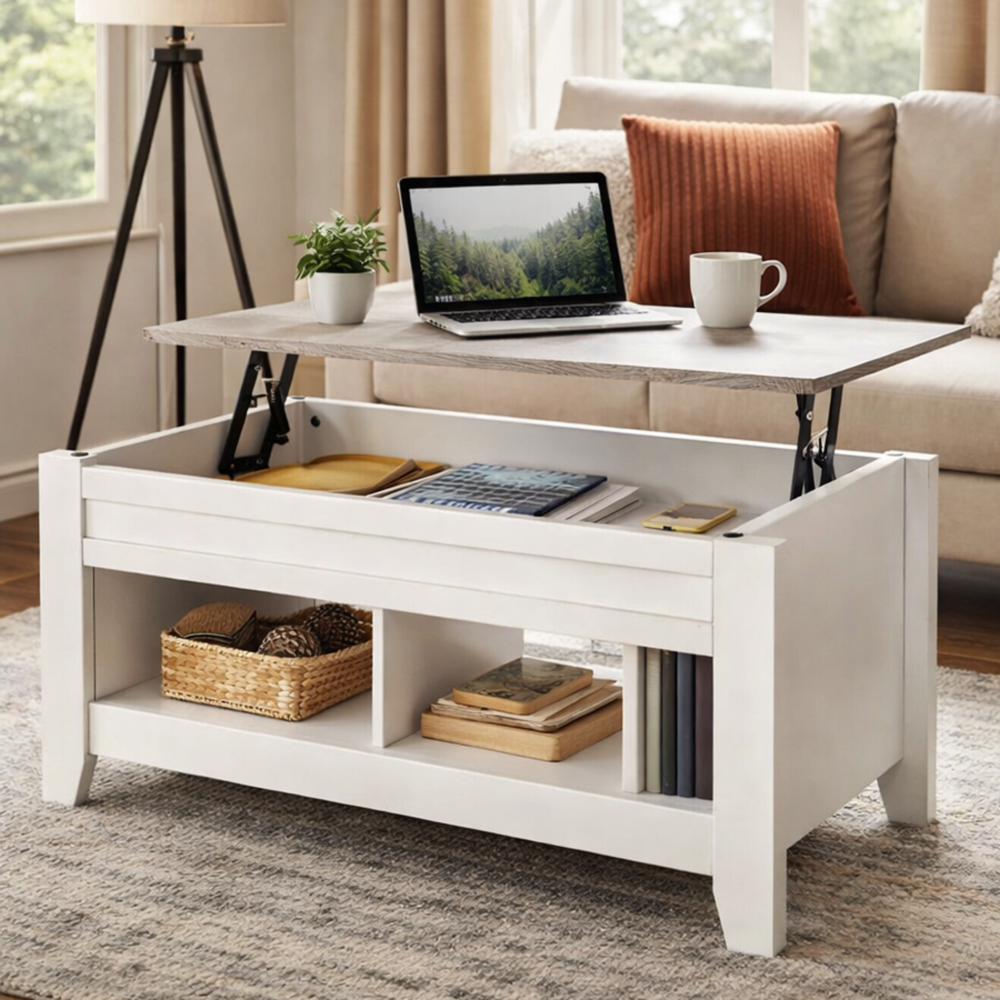 Lift-Top Coffee Table White Hidden Storage-Coffee Tables-DECOROLALA