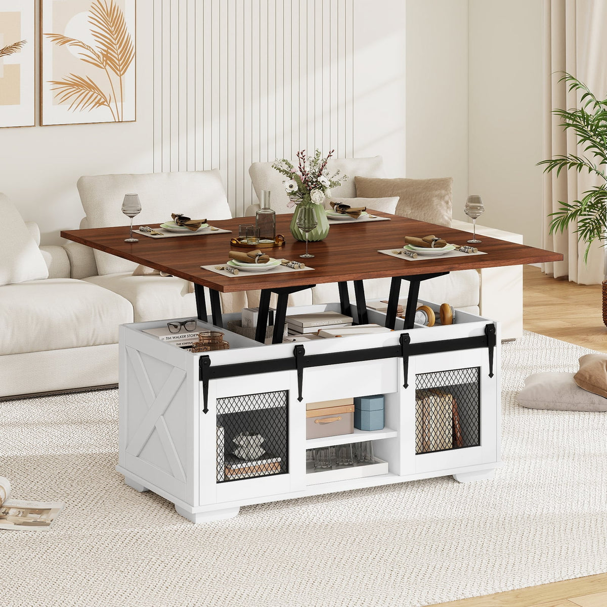 Lift Top Coffee Table with 2 Sliding Barn Doors-Walnut-Coffee Tables-DECOROLALA