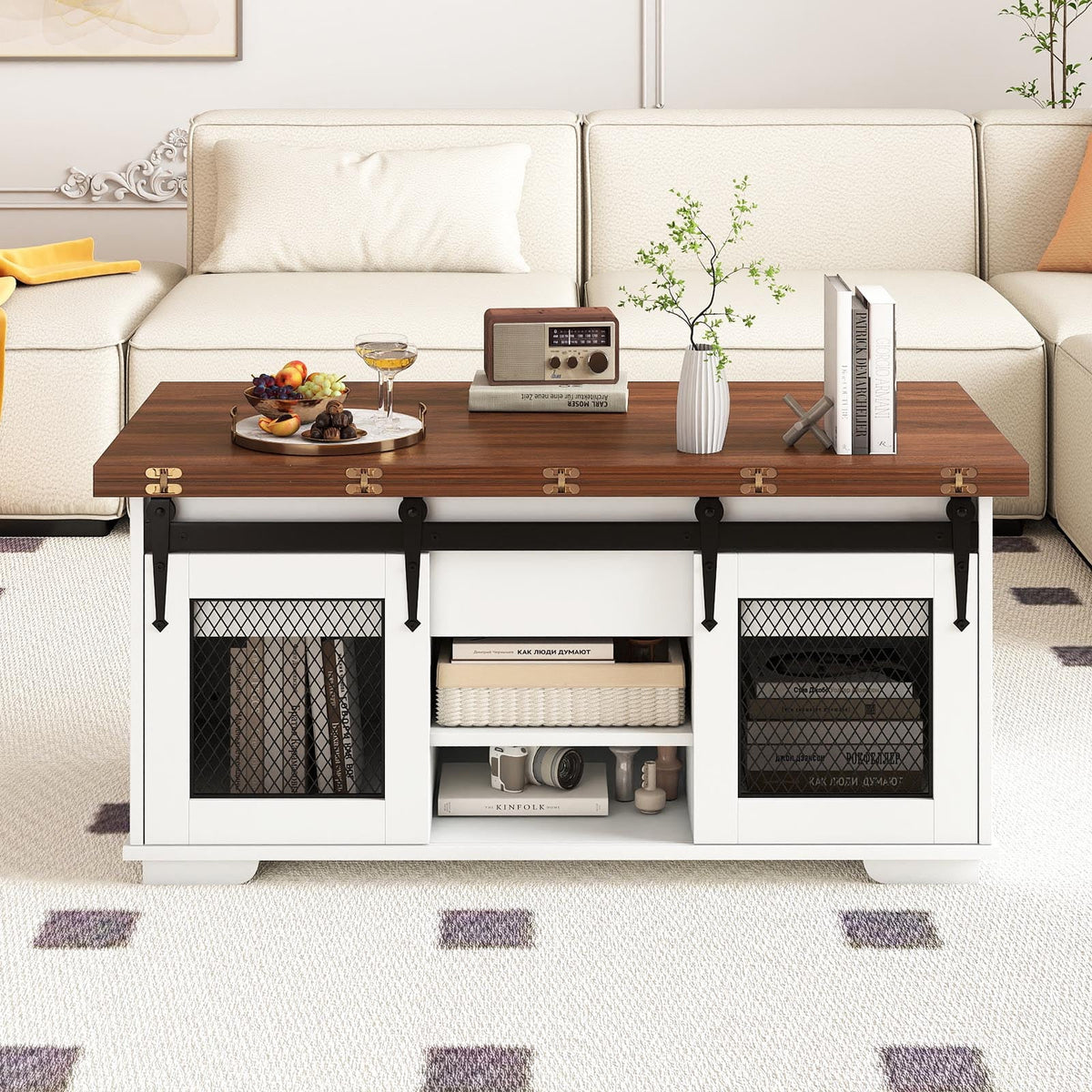 Lift Top Coffee Table with 2 Sliding Barn Doors-Walnut-Coffee Tables-DECOROLALA