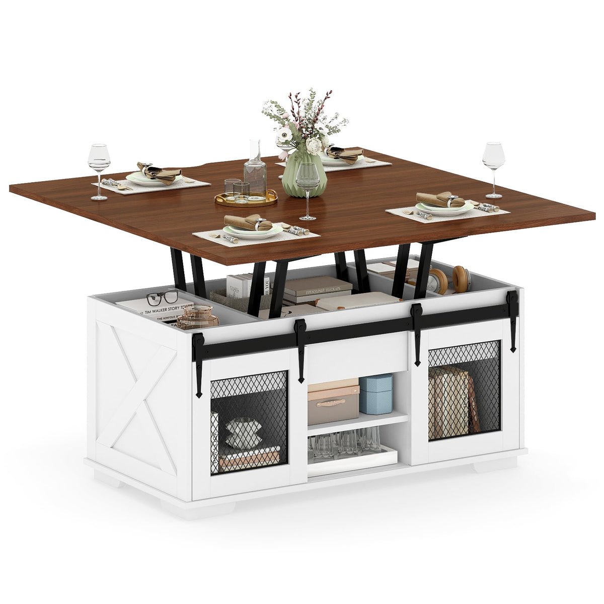 Lift Top Coffee Table with 2 Sliding Barn Doors-Walnut-Coffee Tables-DECOROLALA