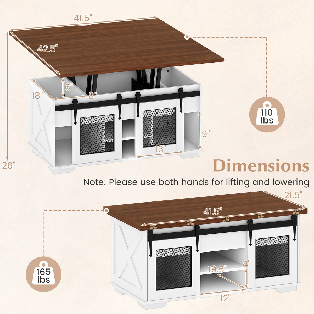 Lift Top Coffee Table with 2 Sliding Barn Doors-Walnut-Coffee Tables-DECOROLALA