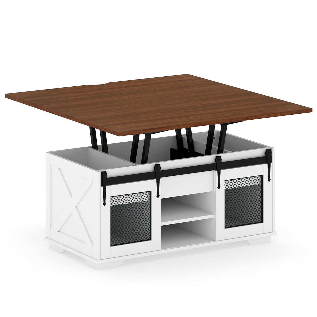 Lift Top Coffee Table with 2 Sliding Barn Doors-Walnut-Coffee Tables-DECOROLALA