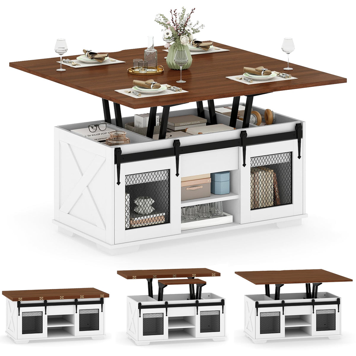 Lift Top Coffee Table with 2 Sliding Barn Doors-Walnut-Coffee Tables-DECOROLALA