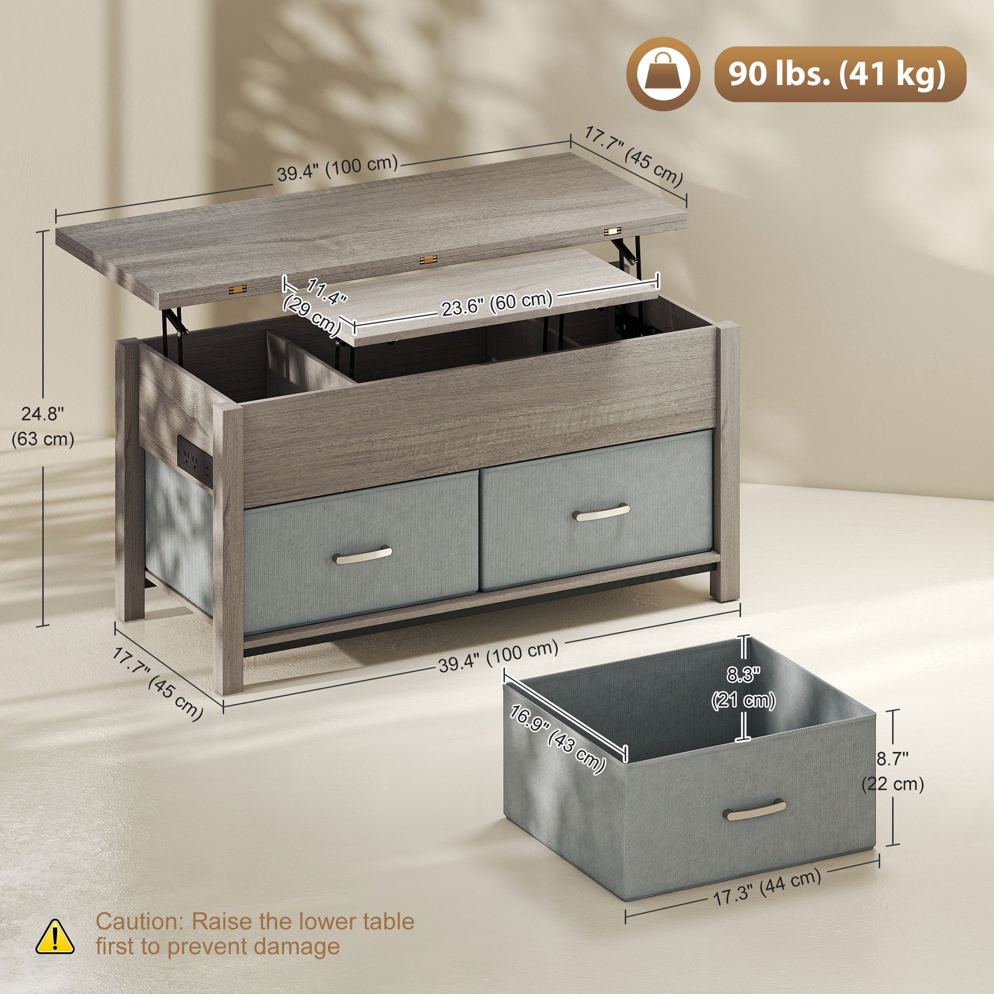 Lift Top Coffee Table with Charging Station - Dark Grey-DECOROLALA