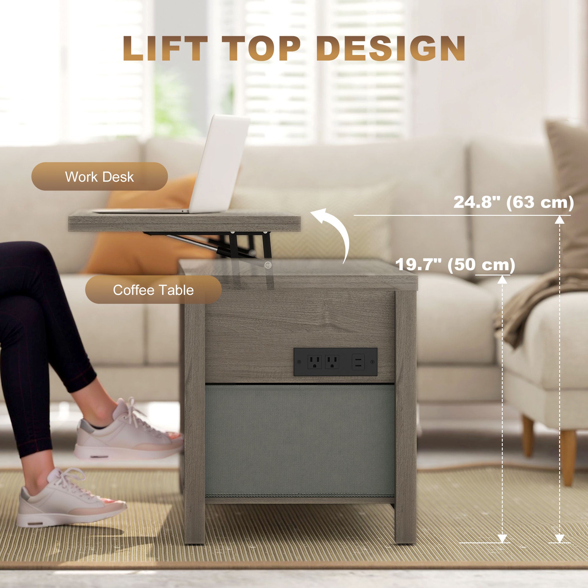 Lift Top Coffee Table with Charging Station - Dark Grey-DECOROLALA