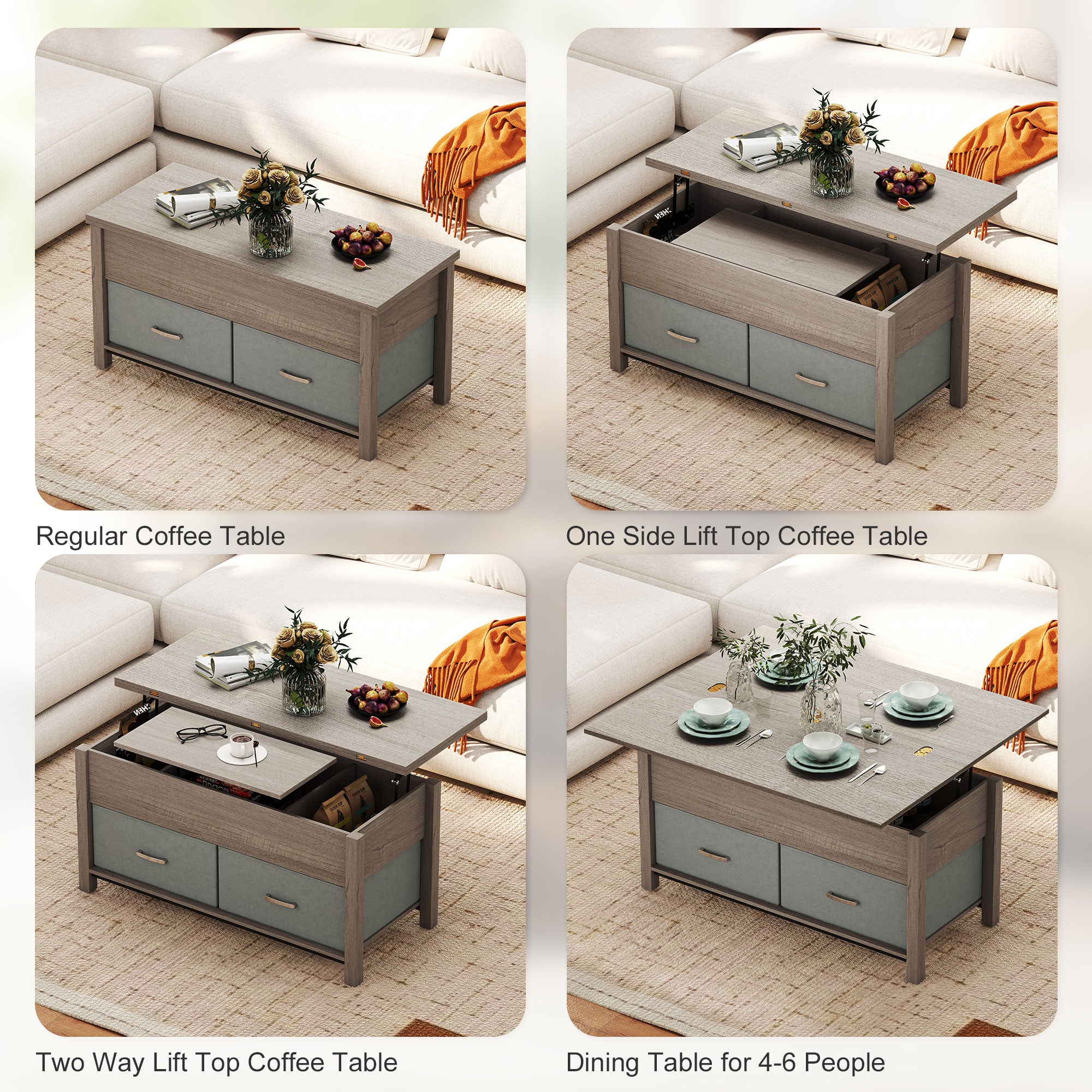 Lift Top Coffee Table with Charging Station - Dark Grey-DECOROLALA