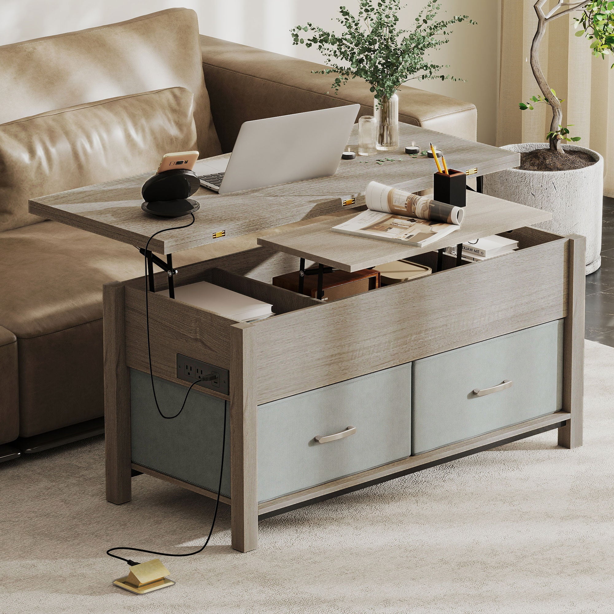 Lift Top Coffee Table with Charging Station - Dark Grey-DECOROLALA