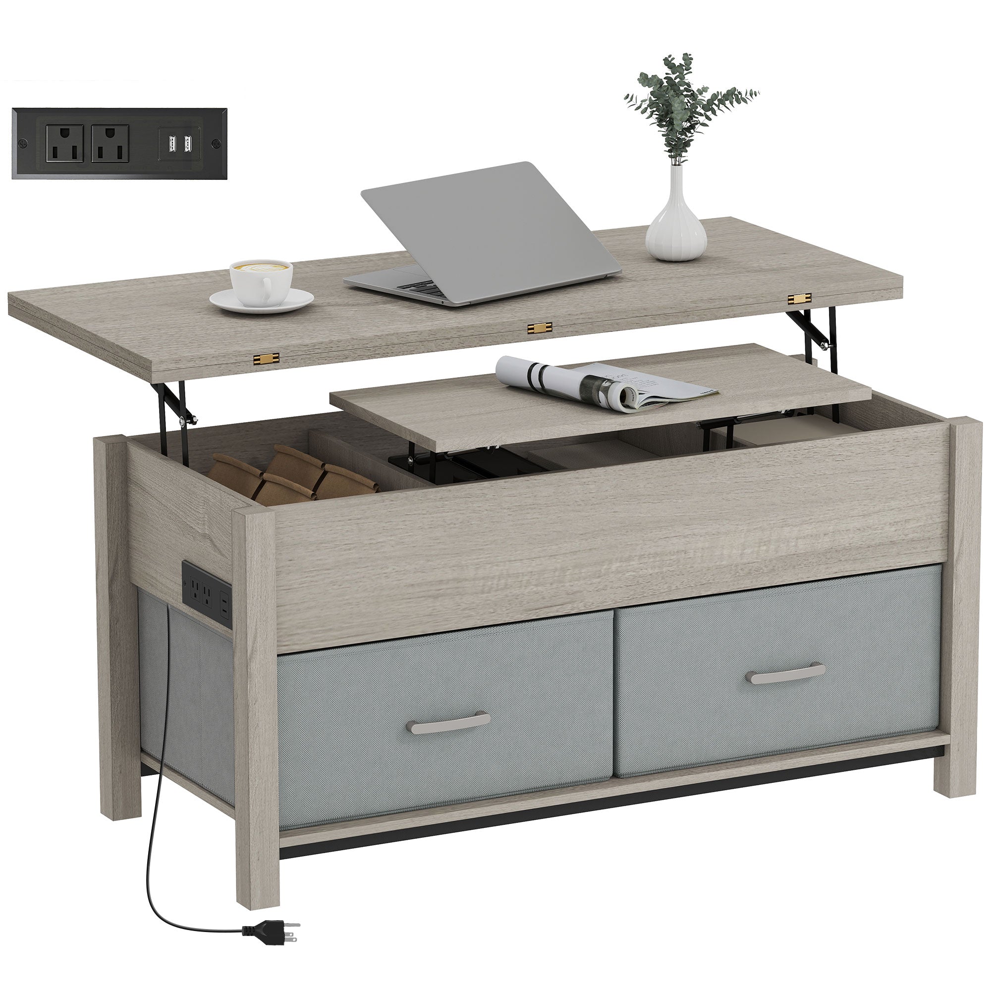 Lift Top Coffee Table with Charging Station - Dark Grey-DECOROLALA