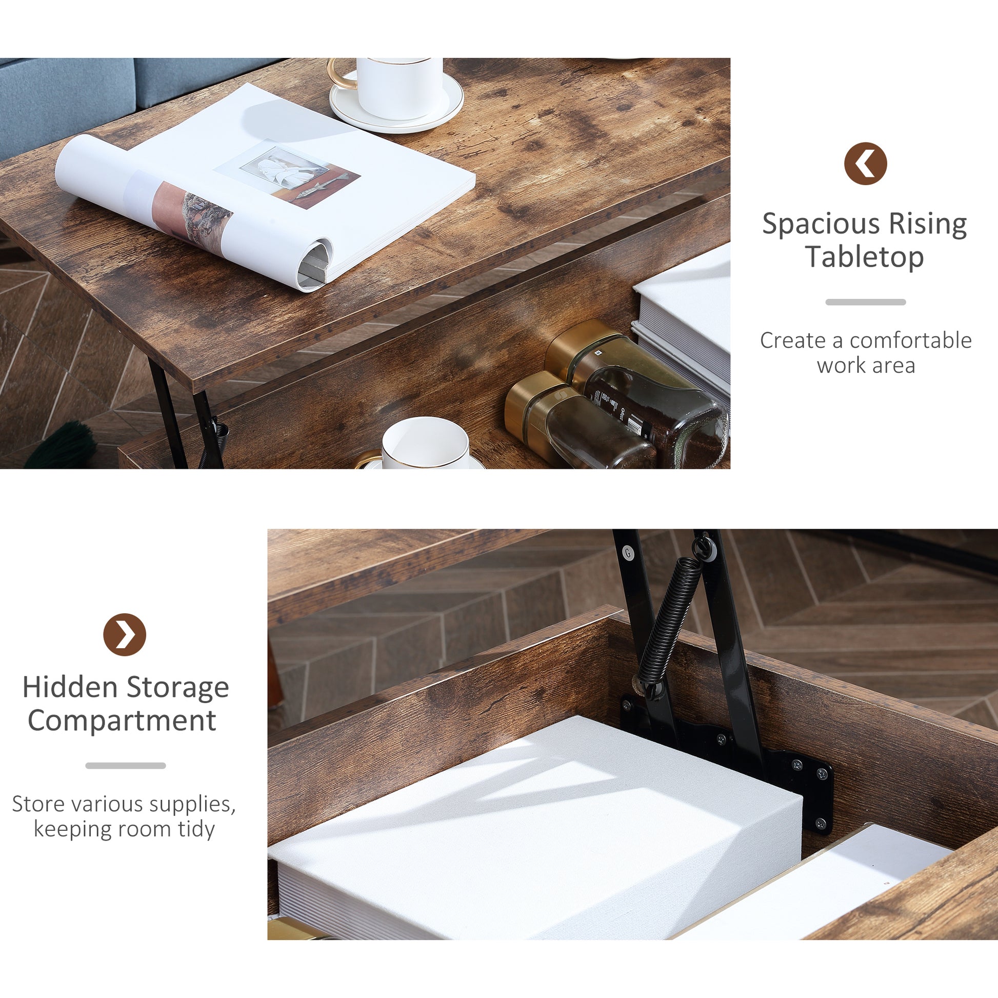 Lift Top Coffee Table with Hidden Storage Compartment Lift Tabletop Center Table for Living Room, Rustic Brown-Home Furnishings > Living Room Furniture > Coffee Tables-DECOROLALA