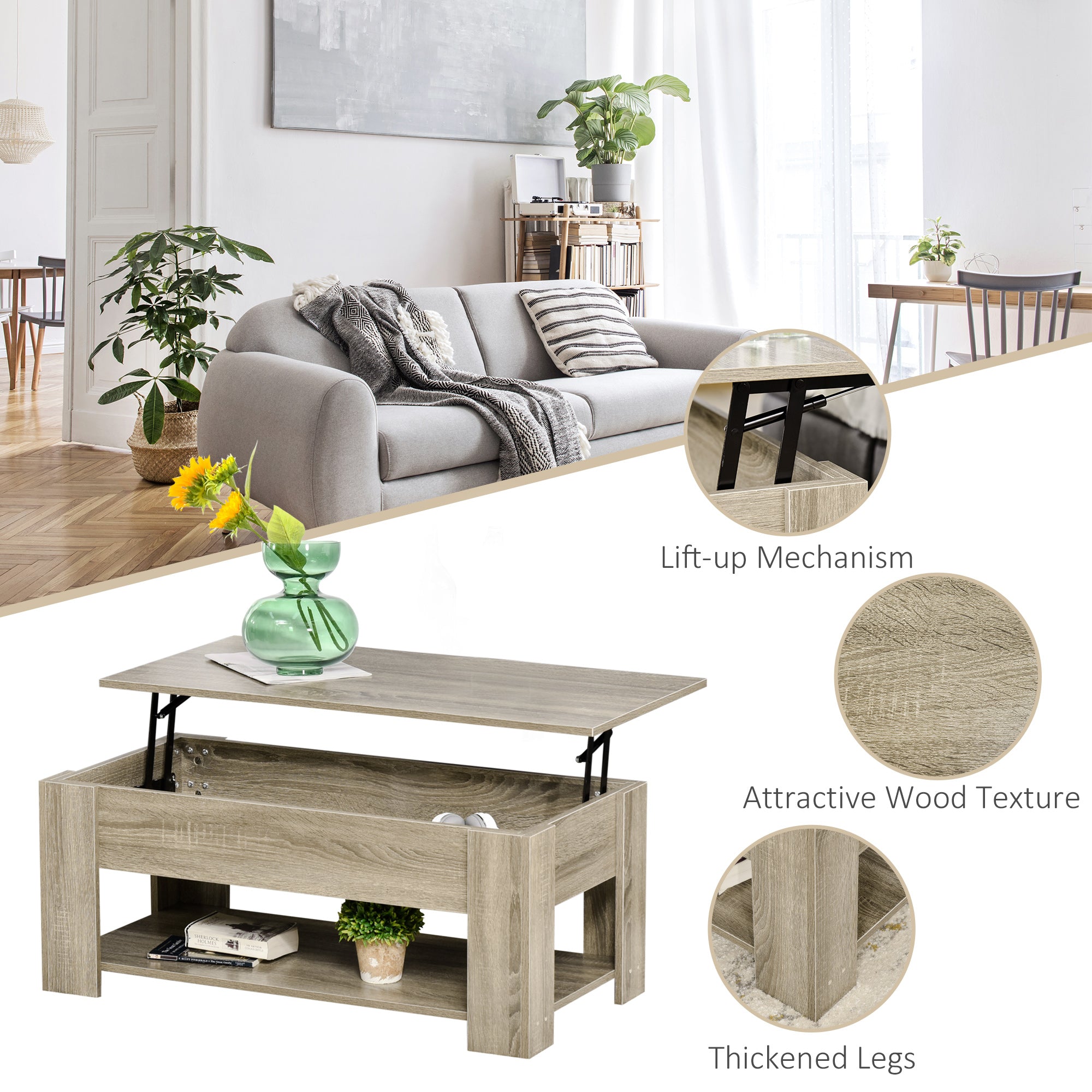 Lift Top Coffee Table with Hidden Storage Compartment and Open Shelf, Center Table for Living Room, Grey-Home Furnishings > Living Room Furniture > Coffee Tables-DECOROLALA