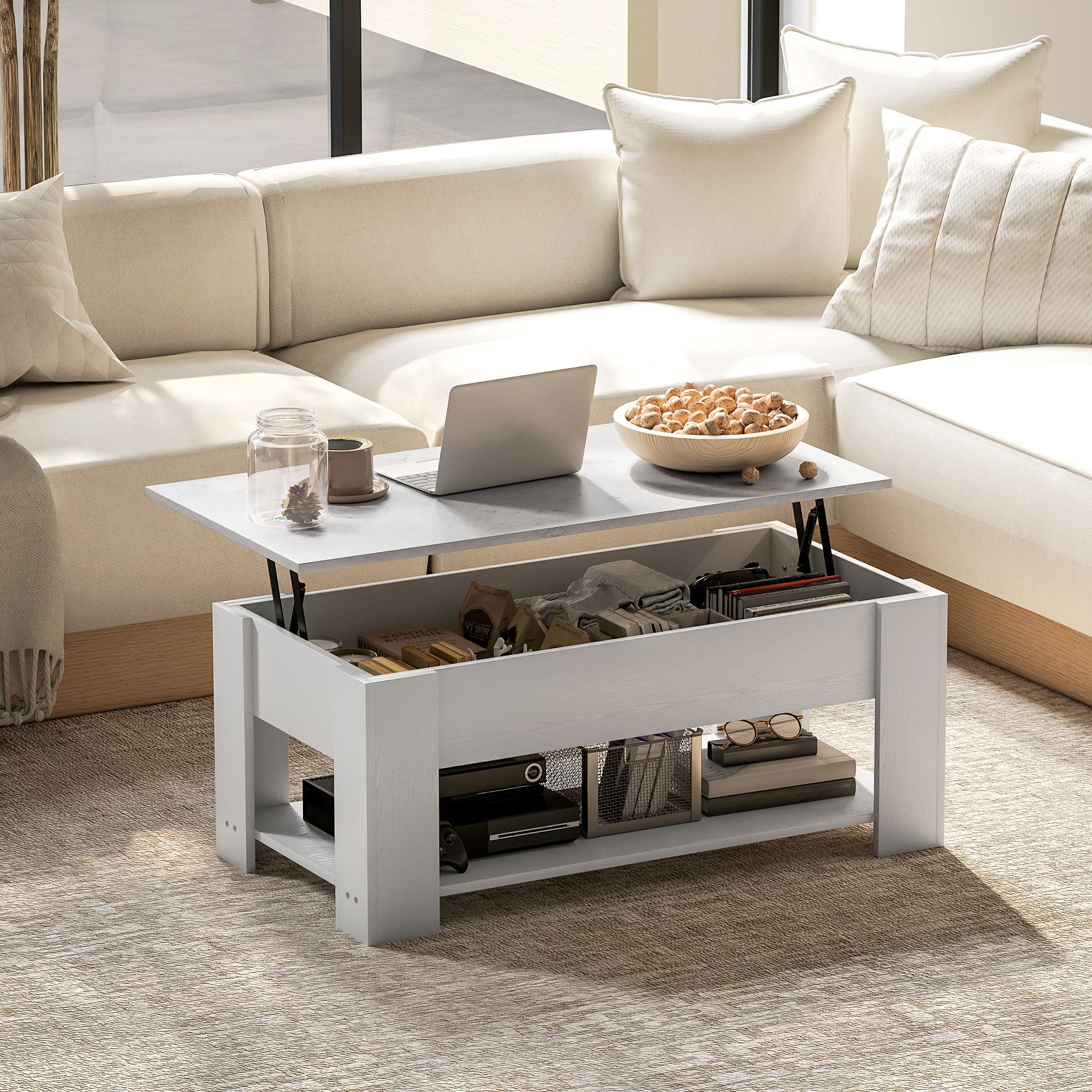 Lift Top Coffee Table with Hidden Storage Compartment and Open Shelf, Center Table for Living Room, White-Home Furnishings > Living Room Furniture > Coffee Tables-DECOROLALA