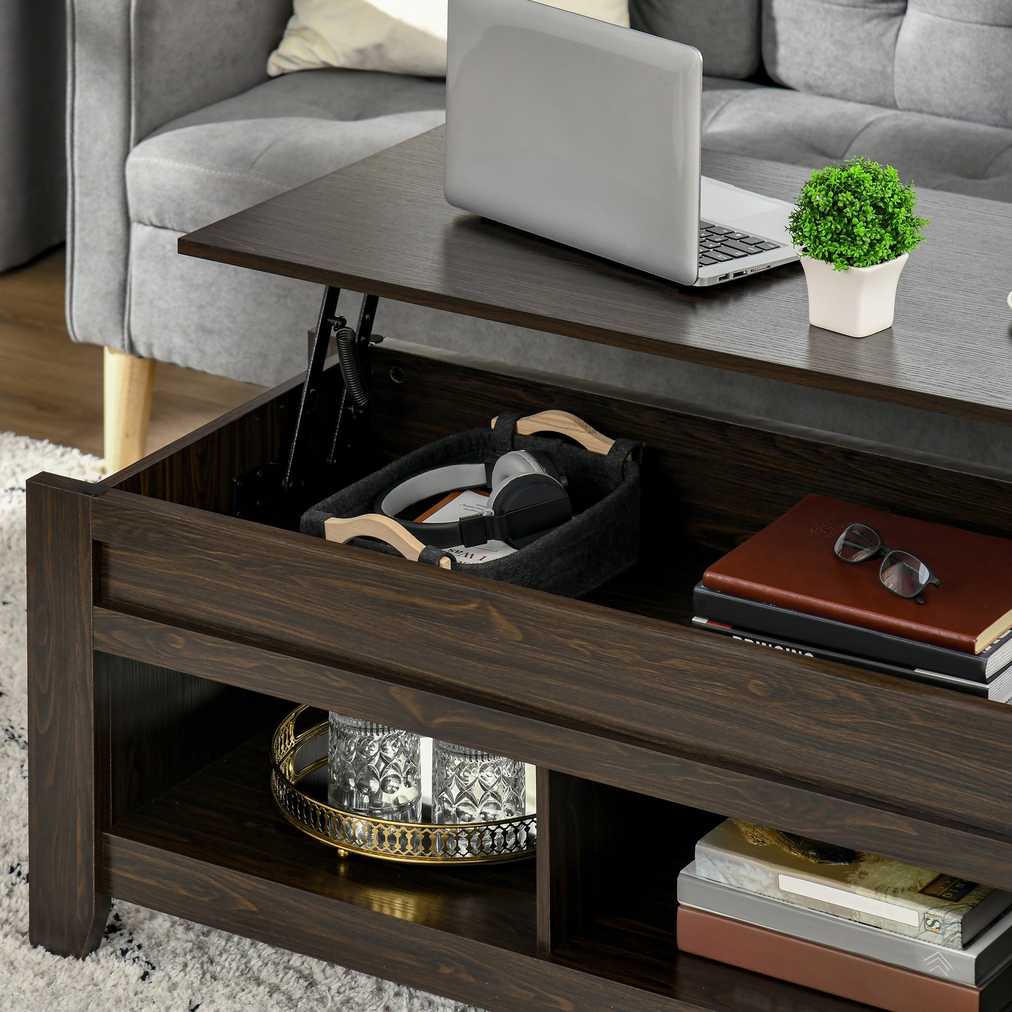 Lift Top Coffee Table with Hidden Storage Compartment and Open Shelves, Lift Tabletop Pop-Up Center Table for Living Room, Dark Walnut-Home Furnishings > Living Room Furniture > Coffee Tables-DECOROLALA